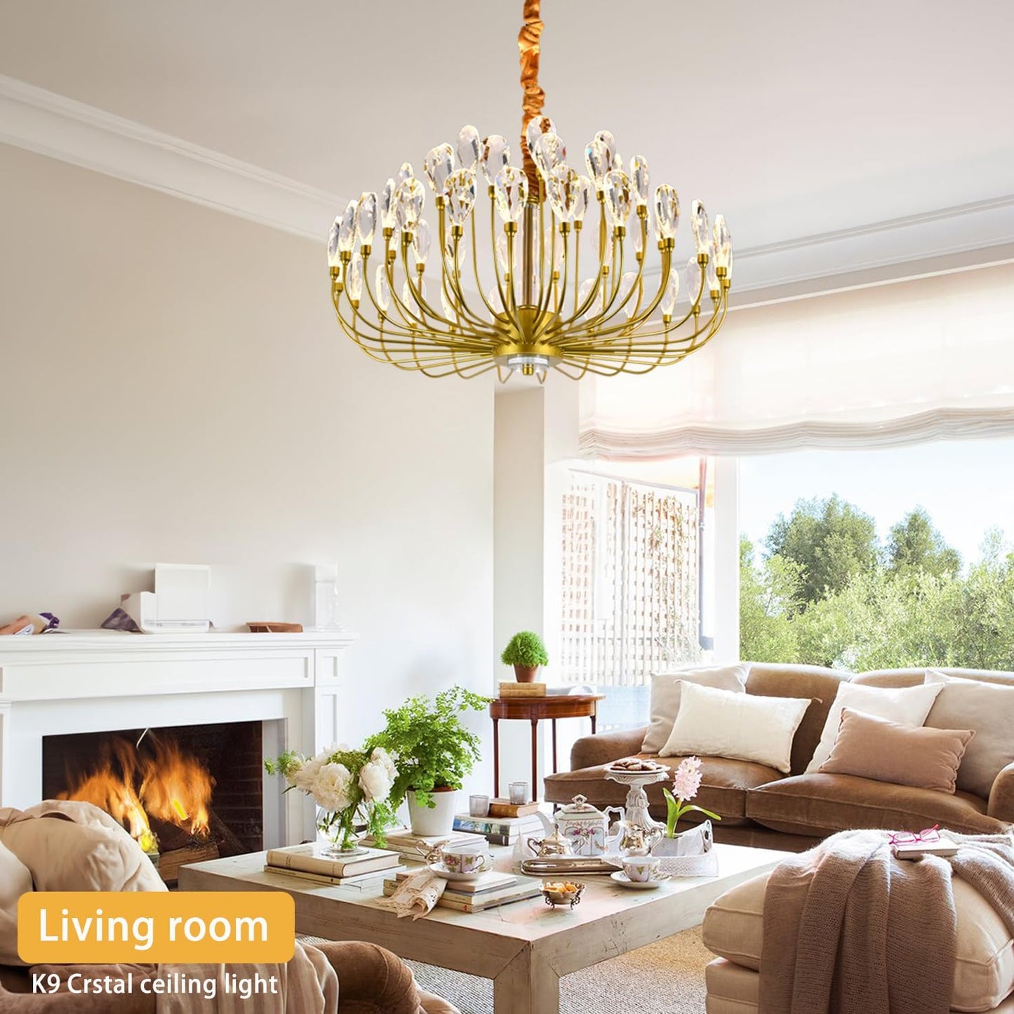 Crystal Gold Chandelier Modern Round Ceiling Pendant Light Fixture Led Tree Branch Chandeliers for Living Room Dining Room Kitchen Bedroom Hotel