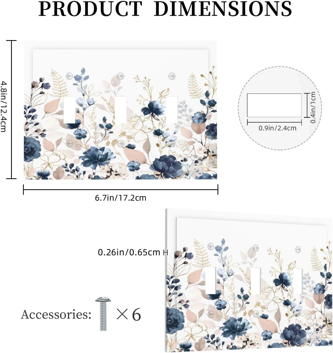 Blue Flora Boho Vintage Flower Golden Leaves Decorative Switch Plates 3 Gang Wall Plate Triple Toggle Light Switch Cover Faceplate Electrical Wall Panels for Bedroom Living Room Decor