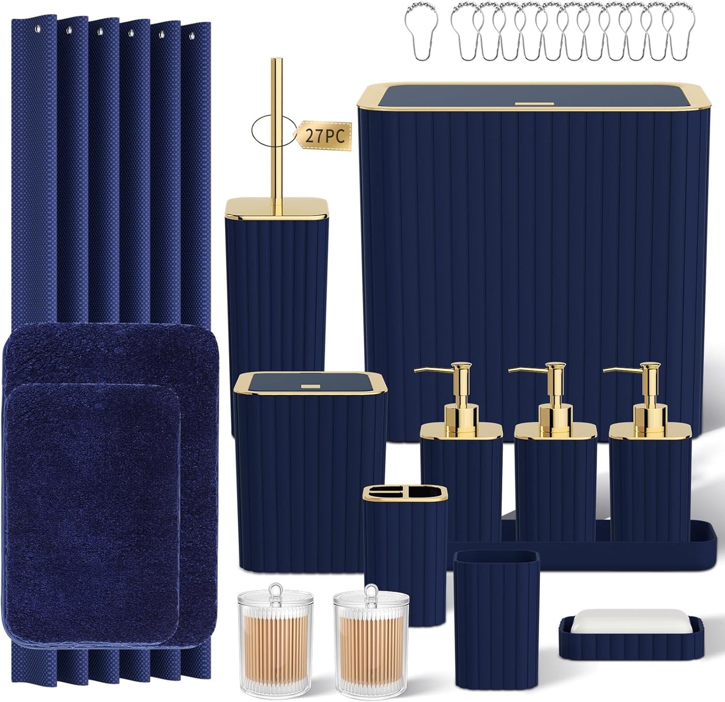 Bathroom Accessory Set - Bathroom Set, 27PC Bathroom Accessories Set, Navy Blue Bathroom Sets with Shower Curtain and Rugs, Mini Trash Can, Toilet Brush, Trash Can & Soap Dispenser