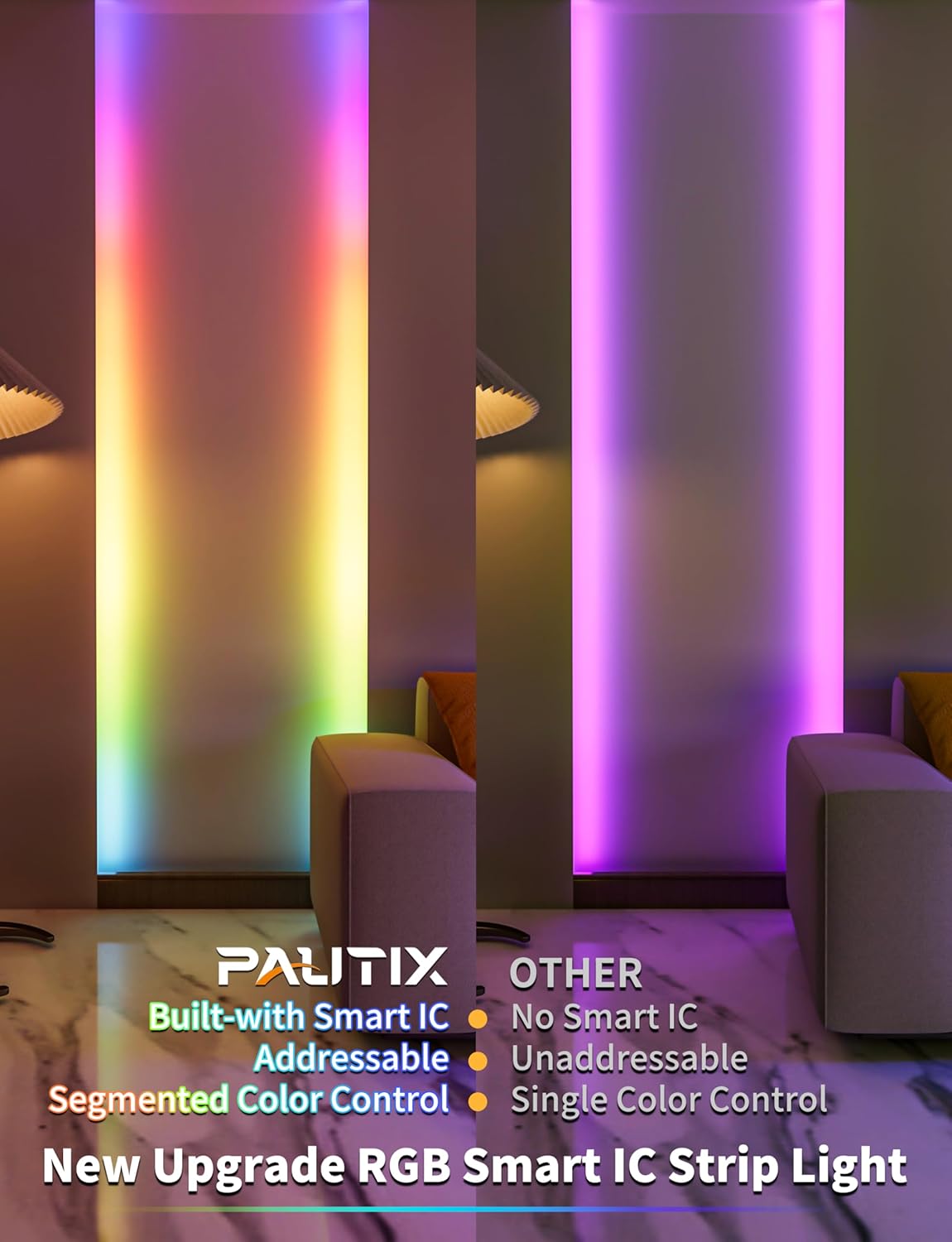 PAUTIX RGB Smart IC COB LED Strip Light USB 5V 6.56ft/2m,Work with Alexa/Google Assistant,Color Chasing UL-Listed Multicolor Flexible Tape LED Strip Light,for Cabinet,TV,Bedroom,Party DIY Decoration