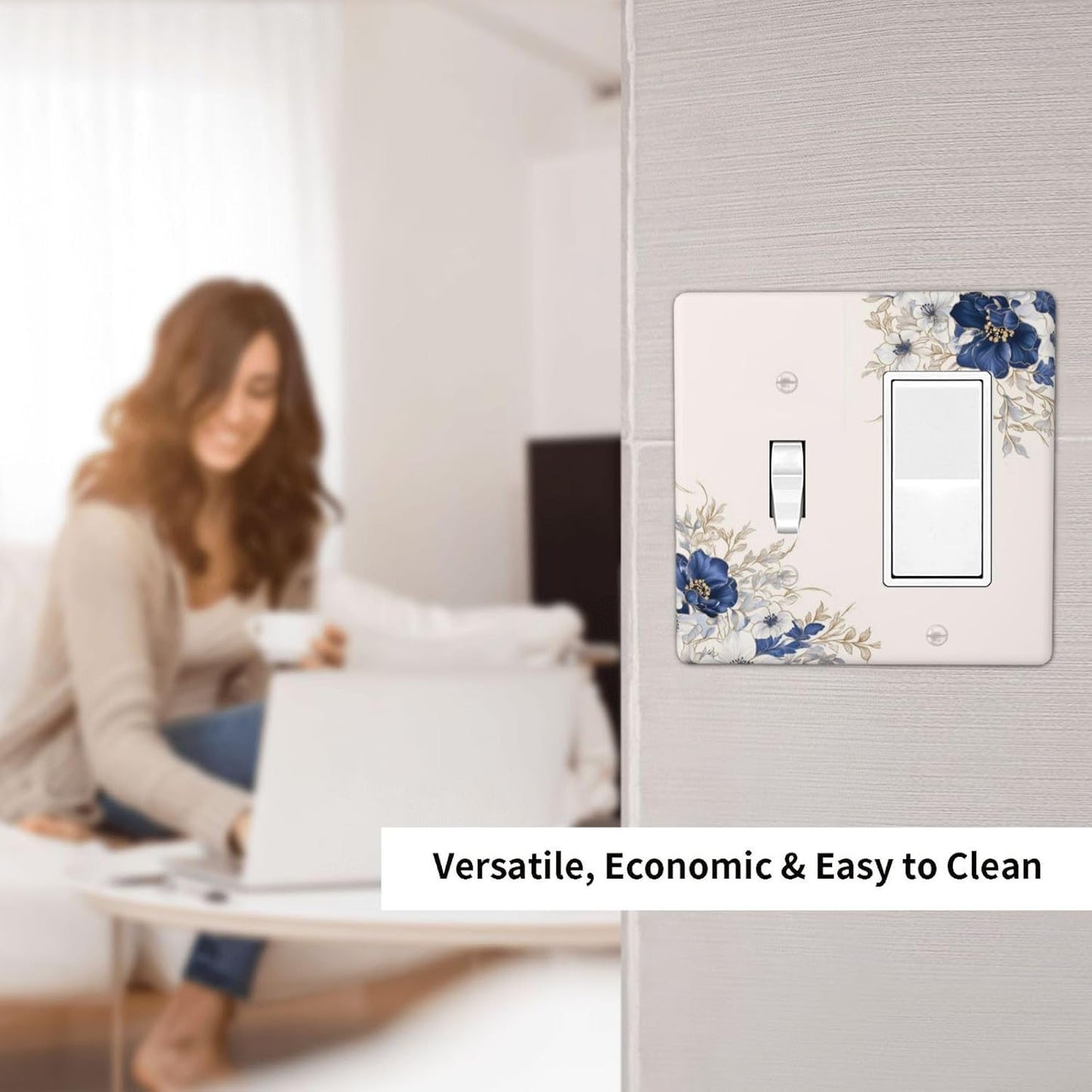 Decorative Outlet Covers Rustic Blue Beige Flower Peony Floral 2 Gang Light Switch Cover Plate Single Toggle 1 Rocker Wall Plates for Electrical Outlets Switch Plate Covers for Home Decor