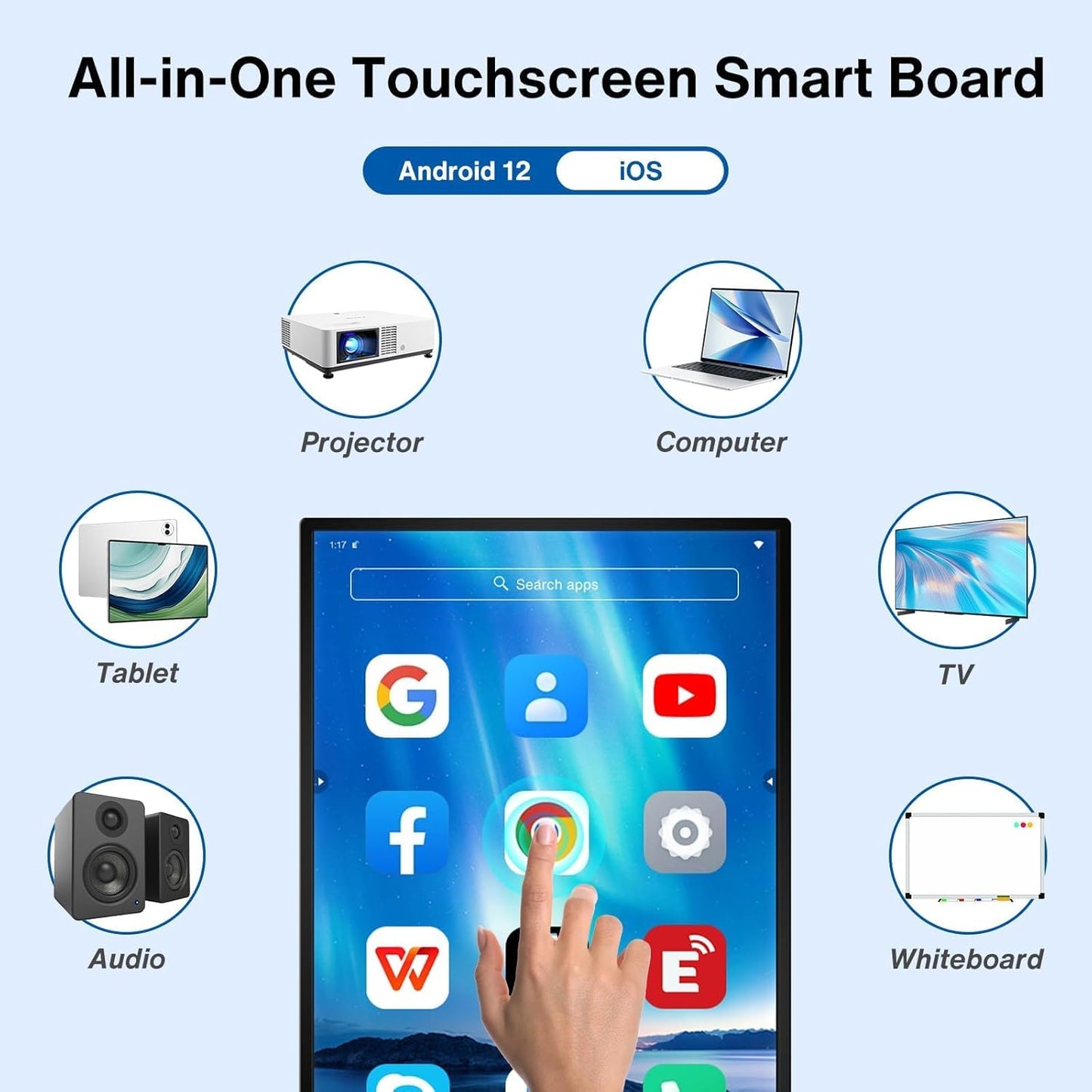 49" 1080P Interactive Smart Board for Classrooms & Office | Wireless Teaching Whiteboard with Touchscreen Android 12, Multi-Device Sharing | Safety-Rated (Board Only)