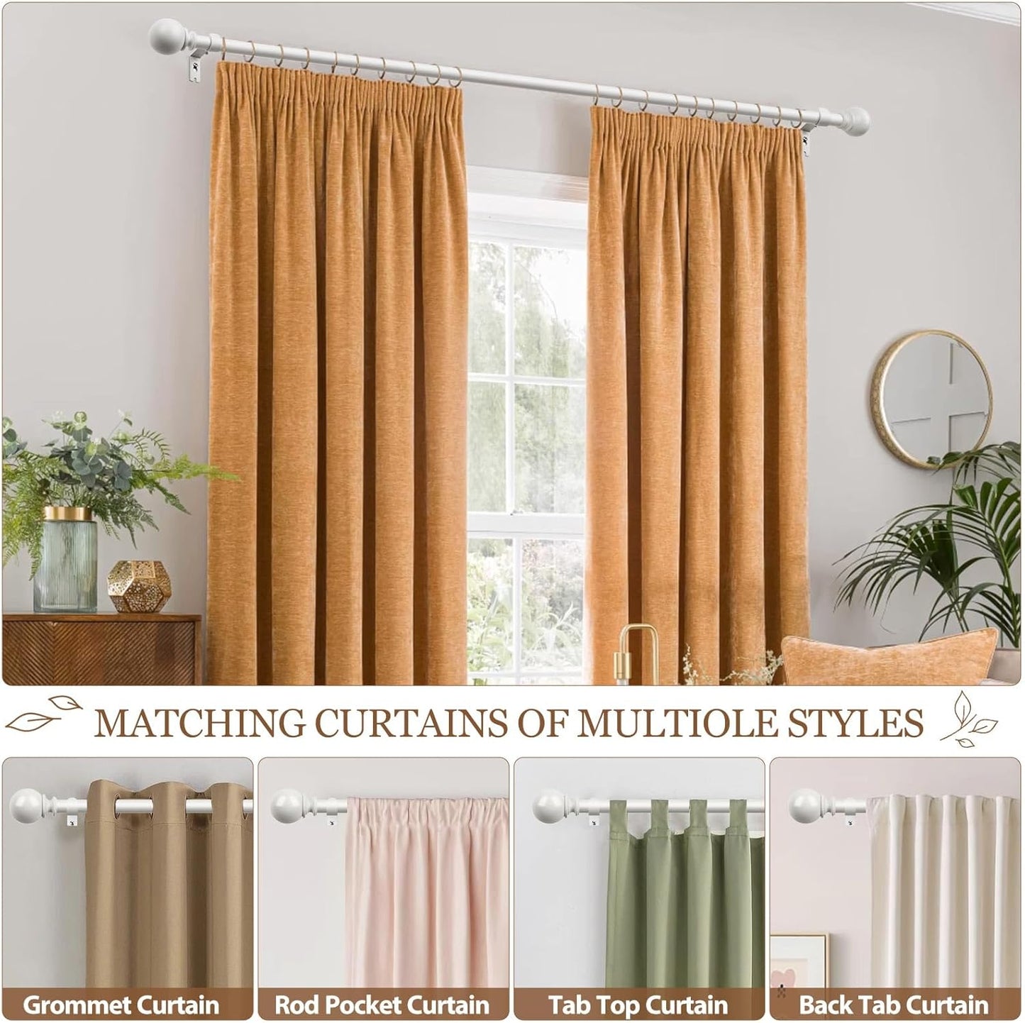 KAMANINA Curtain Rod 32 to 58 Inches (2.6-4.8ft), White Curtain Rods for Windows, 7/8 Inch Adjustable Modern Drapery Rod with Round Finials