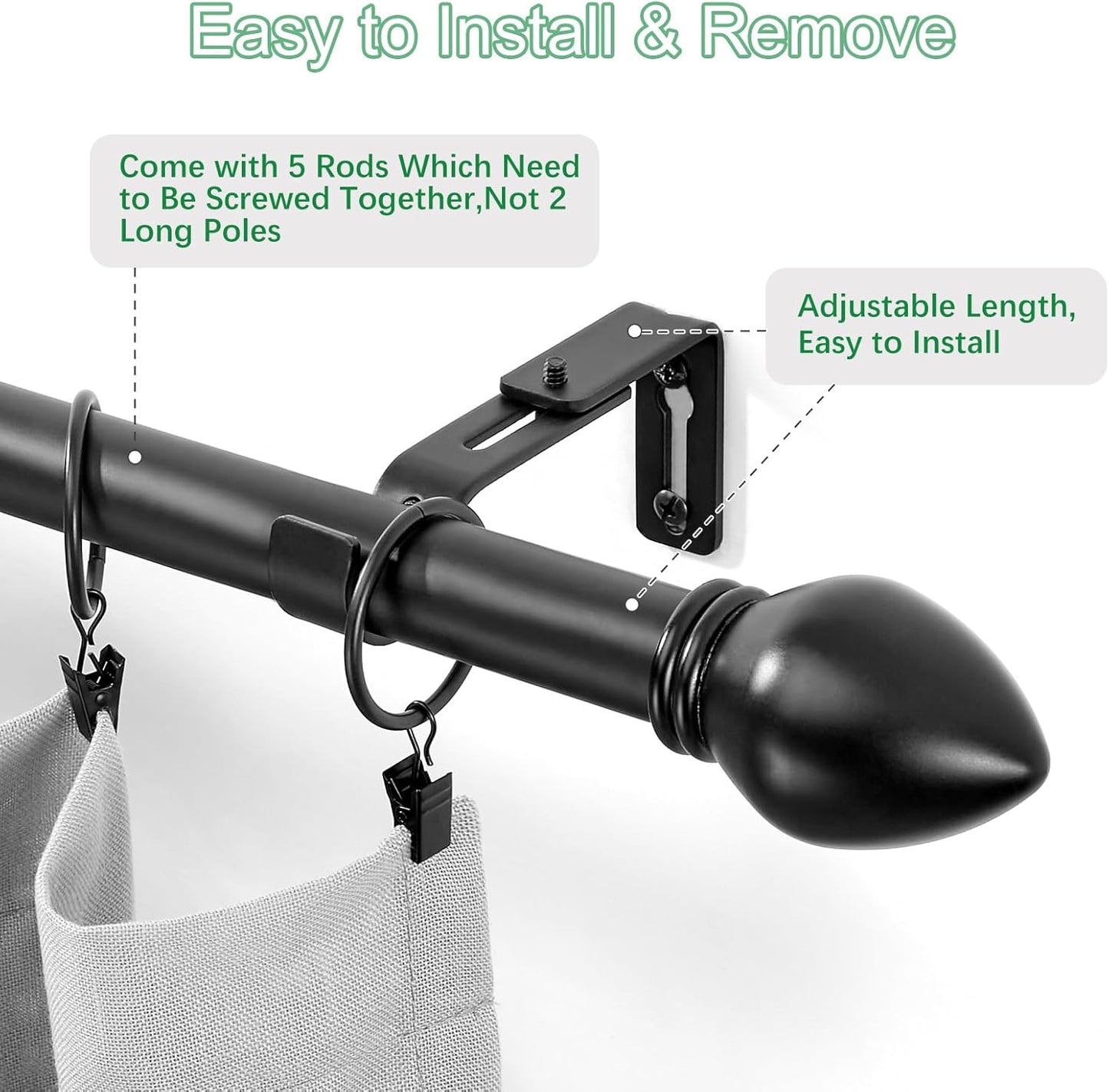Curtain Rods for Windows 16 to 76 inches, Curtain Rod Max Adjustable Length to 88 in, Drapery Rod 1 inch Diameter with Modern Knobs Finials (Black, 16" to 76" - Set of 2)