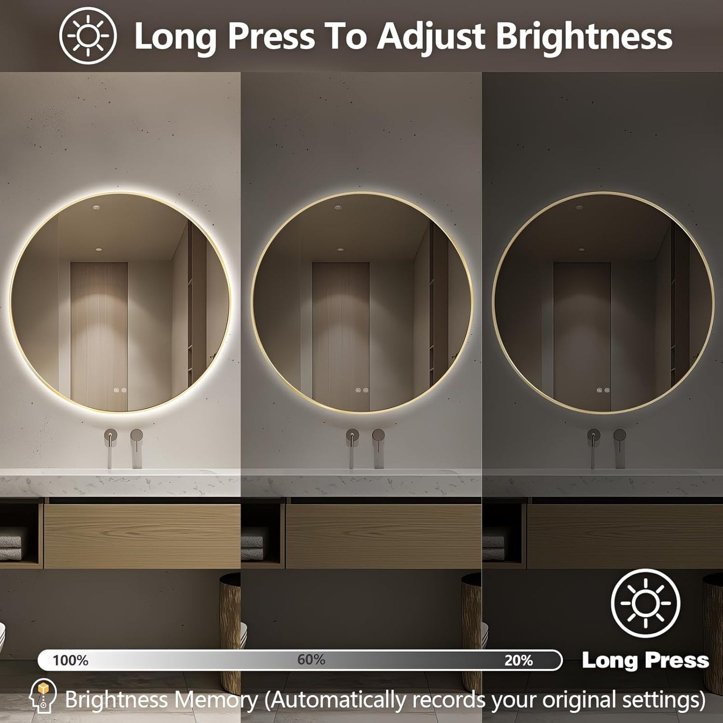 Niccy Round Led Mirror for Bathroom, 40" Backlit Mirrors for Wall Circle Lighted Mirror with Old Gold Frame Anti-Fog, 3 Colors, HD Glass and IP65 Waterproof