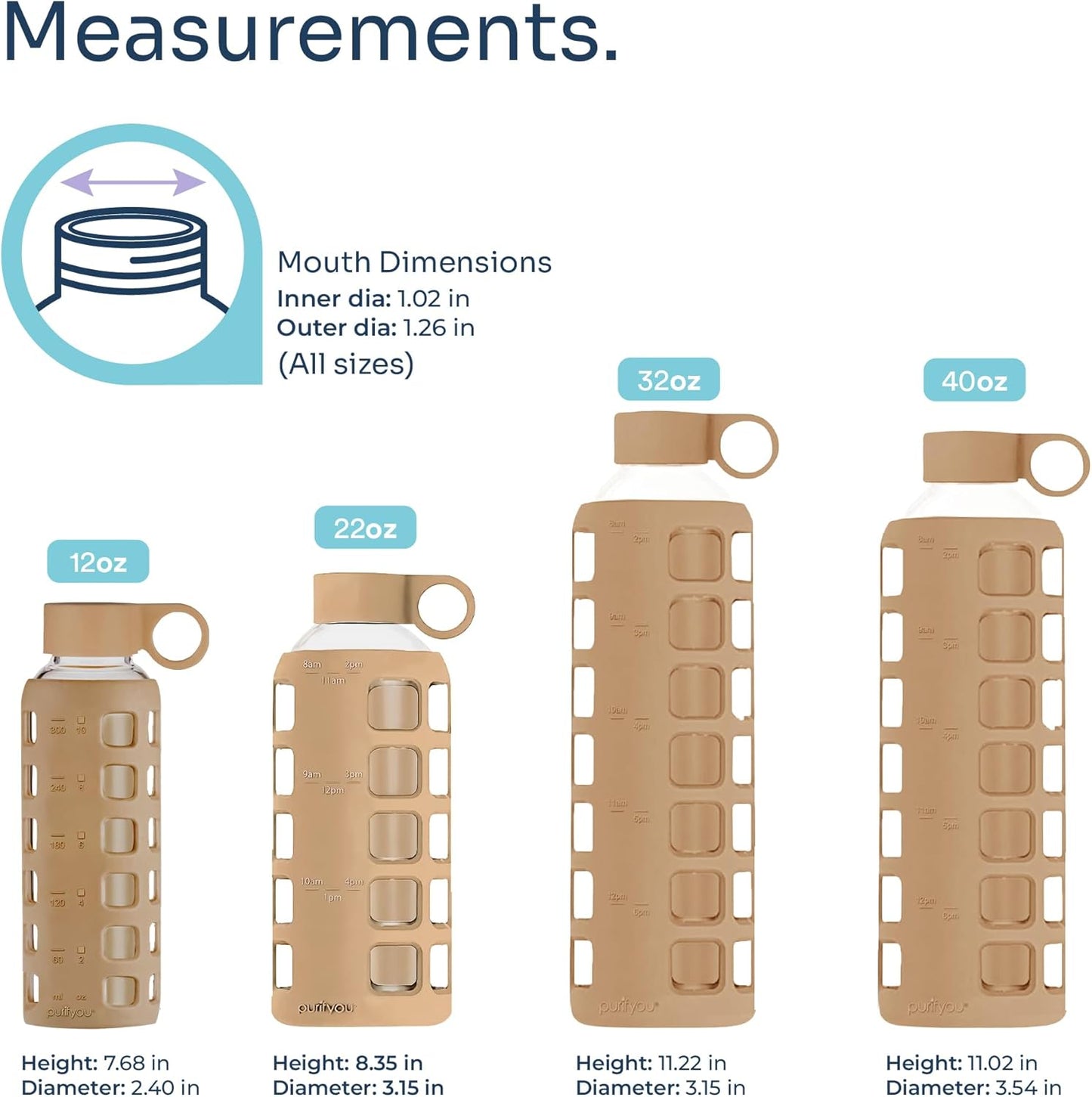 purifyou 40oz / 32oz / 22oz / 12oz Borosilicate Glass Water Bottle with Time & Volume Markers, Silicone Sleeve, Stainless Steel Lid | Reusable Glass Bottle for Water & Juice (32oz Iced Coffee)