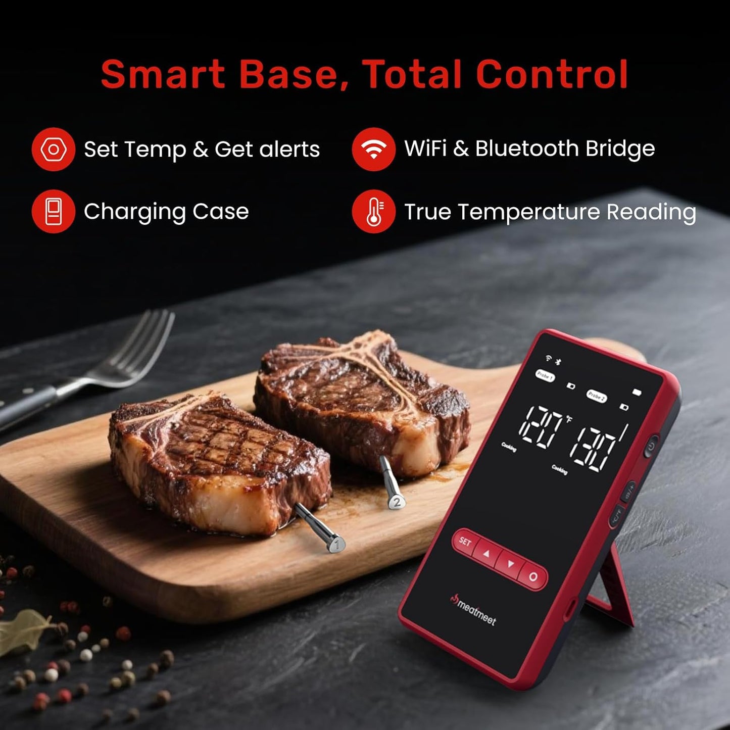 X Pro Wireless Meat Thermometer with Dual Wi-Fi & Bluetooth, Digital Meat Thermometer with 2 Probes & LED Display Base, 6 Built-in Sensors, IP69 Waterproof, for Grills, Ovens, Smokers & BBQs