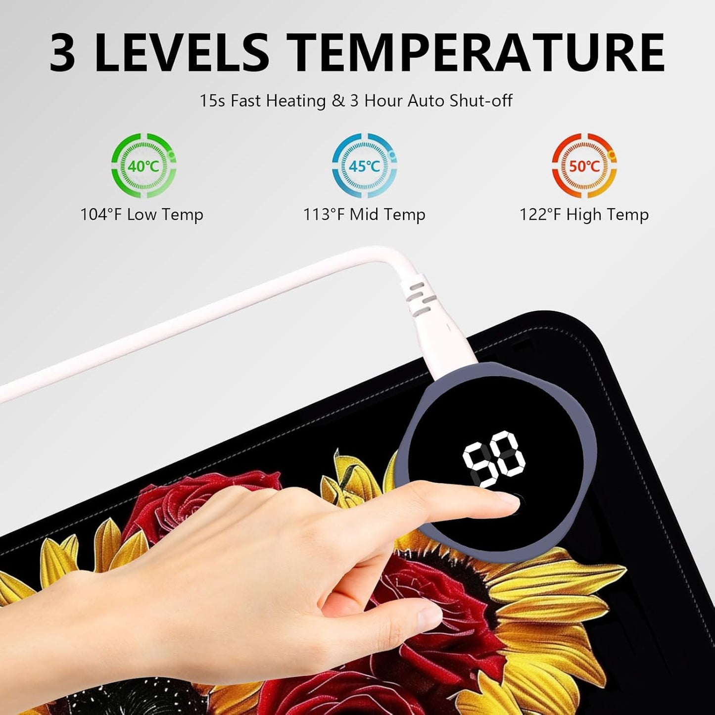 Heated Mouse Pad with 3 Levels Heated & 3 Hours Auto Shut-Off Mouse Pad for Warming Hands in Office Home, 31.5" x 13"Large Safe Desk Mat Hand Warmer，Rose Sunflower