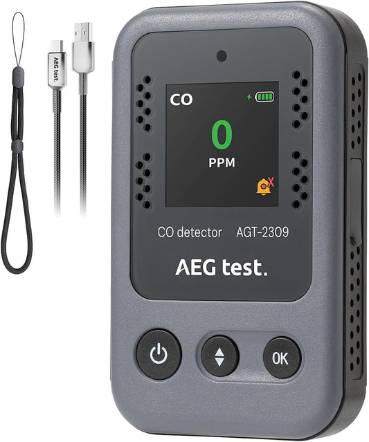 AGT-2309 Portable Carbon Monoxide Detector, 15-Day Standby, Rechargeable Mini CO Monitor with Lanyard for Travel & Camping, Handheld CO Meter with Audible & Visual Alerts, 0-1000ppm - Gray