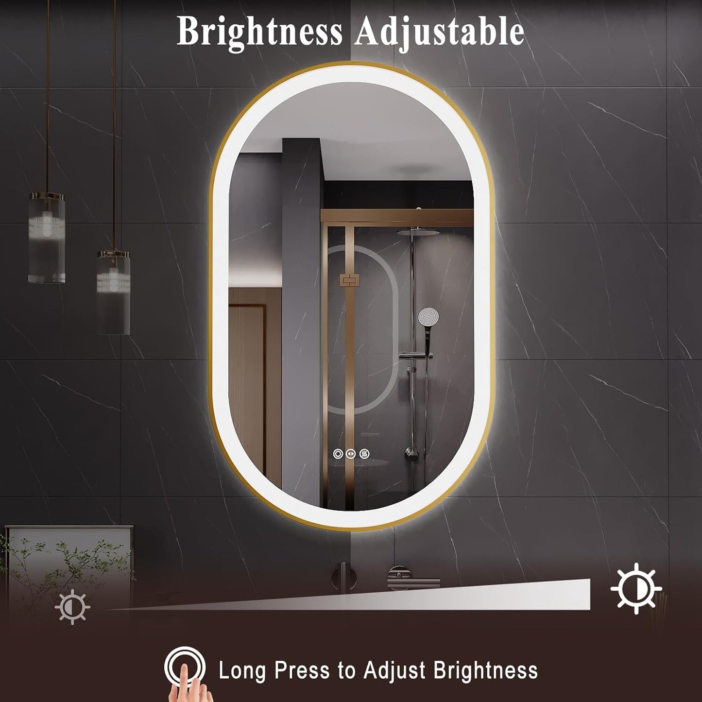LED Mirror for Bathroom, 24x40 Inch Vanity Mirror with Lights，Anti-Fog Oval Bathroom Mirror, 3 Colors and Stepless Dimmable Wall Mounted Makeup Mirror with Metal Frame