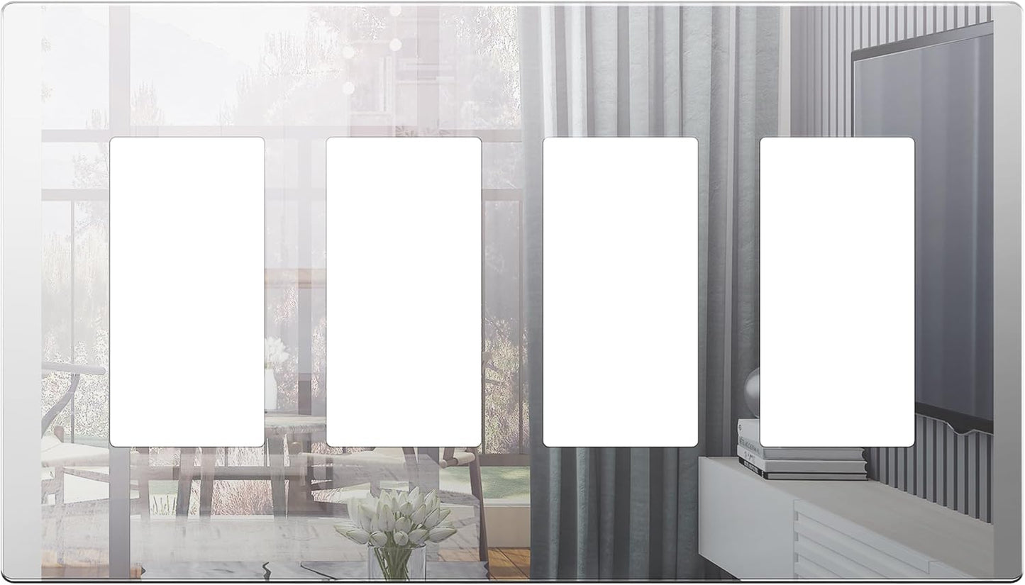 LIDER Quadruple Decorator Wall Plate, Impact Resistant, Mirrored Acrylic Plexiglass Reflective Finish Modern Upgrade Screwless Light Switch Outlet Cover Mid-Size 4-Gang 4.88" x 8.58" Silver