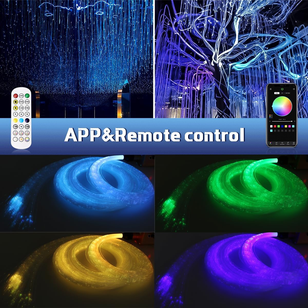 AZIMOM 1520pcs Fiber Optic Hanging Light for Garden Tree Decor Exhibition Indoor Shop Bar Ceiling, 0.03in 8.2ft Flash Point Side Glow Fiber Cable 8Pack Light Source Remote App Control Color Change