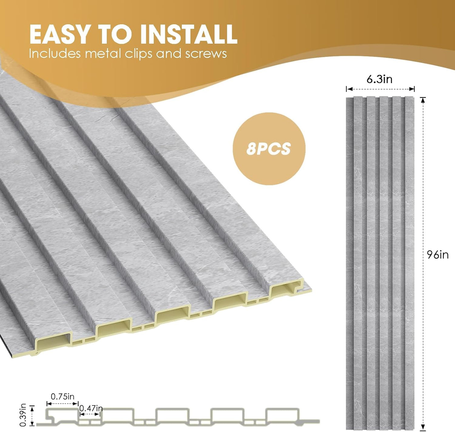 OUZUGIE WPC Acoustic Slat Wall Paneling, 8-Pack 96 x 6 Inches 3D Wall Panels for Interior Wall Decor,Living Room,TV Background,Study Room,Office Spaces,Bedroom,Low Grille (Gray Marble)