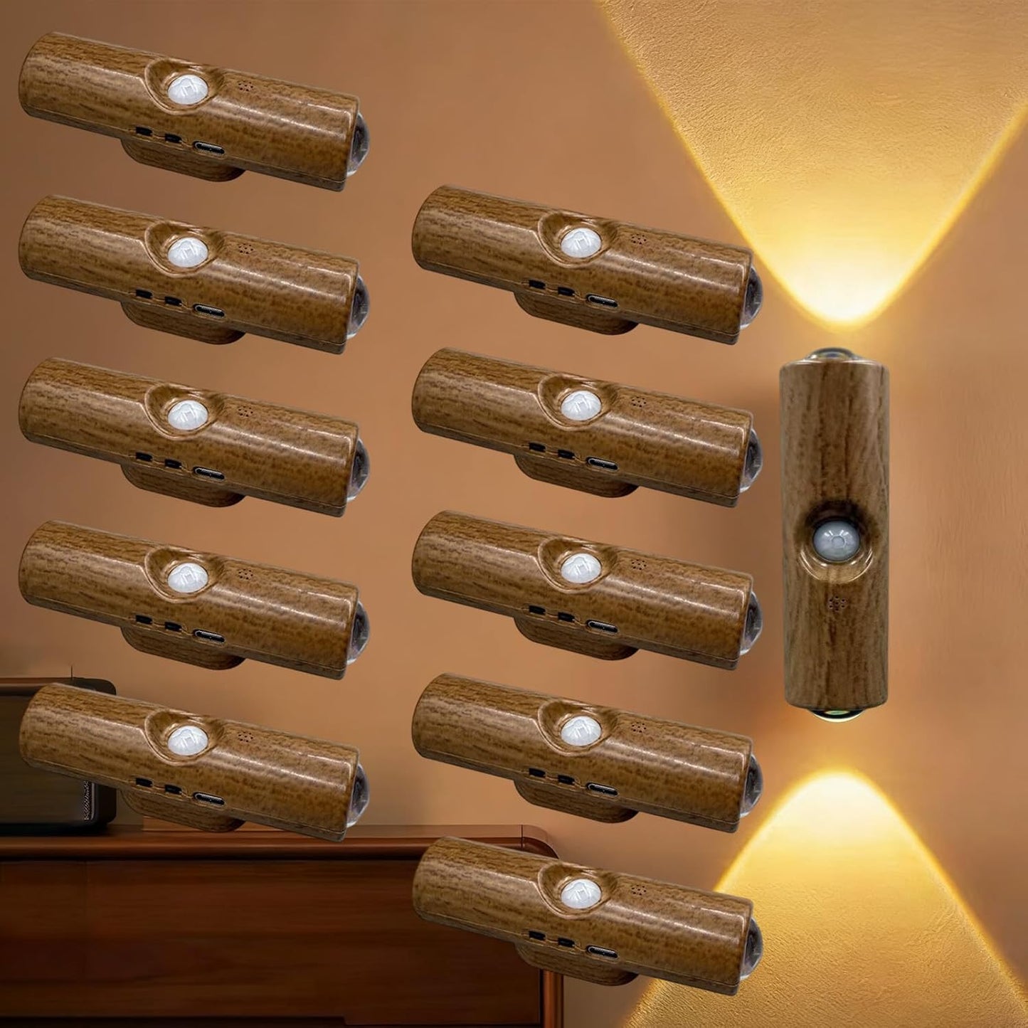 Rechargeable Smart LED Motion Sensor Ambient Light, Punch-Free Color Changing Motion Sensor Light for Stairs, Wardrobe, Cabinet (10Pcs,Wood, 3 Colors)