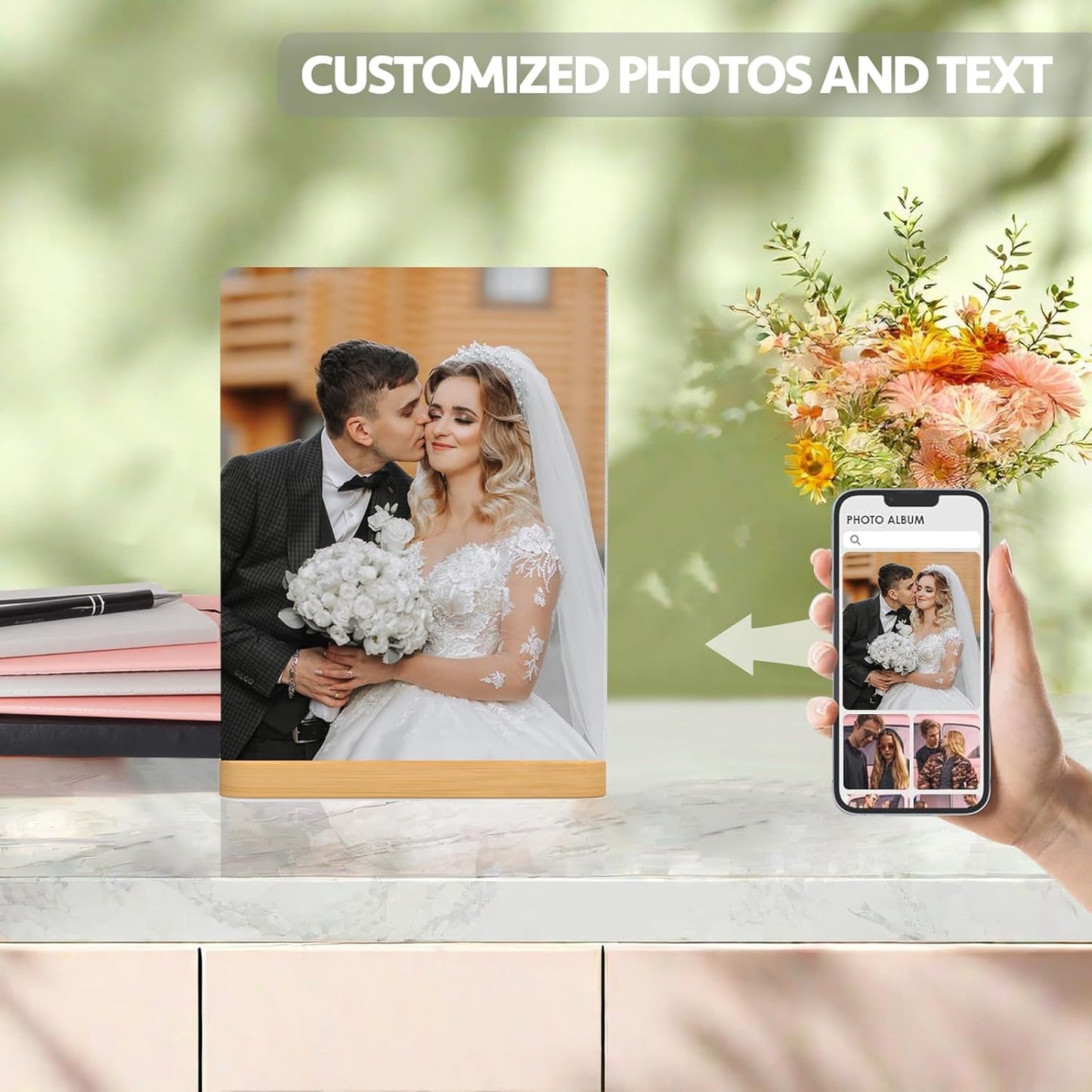 Custom Photo Prints - Metal Desktop Picture Frame with Photos & Wooden Base Personalized Gifts for Family Friends Lovers and Pets, Optional Multiple Sizes