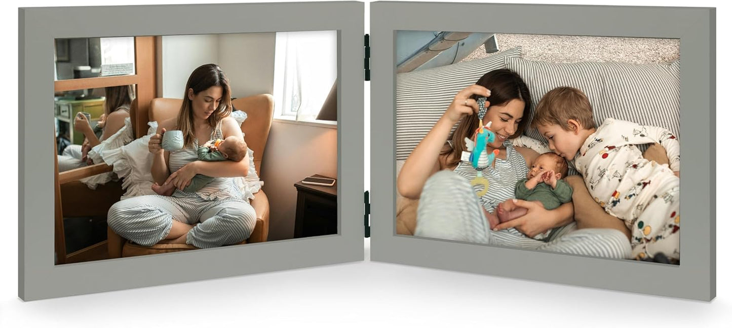 Double 4x6 Horizontal Combo, Grey Wood Picture Frame, 3.5x5.5 Opening Foldable Landscape View Photo Frame on Table-top or Wall