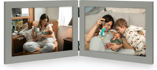 Double 4x6 Horizontal Combo, Grey Wood Picture Frame, 3.5x5.5 Opening Foldable Landscape View Photo Frame on Table-top or Wall