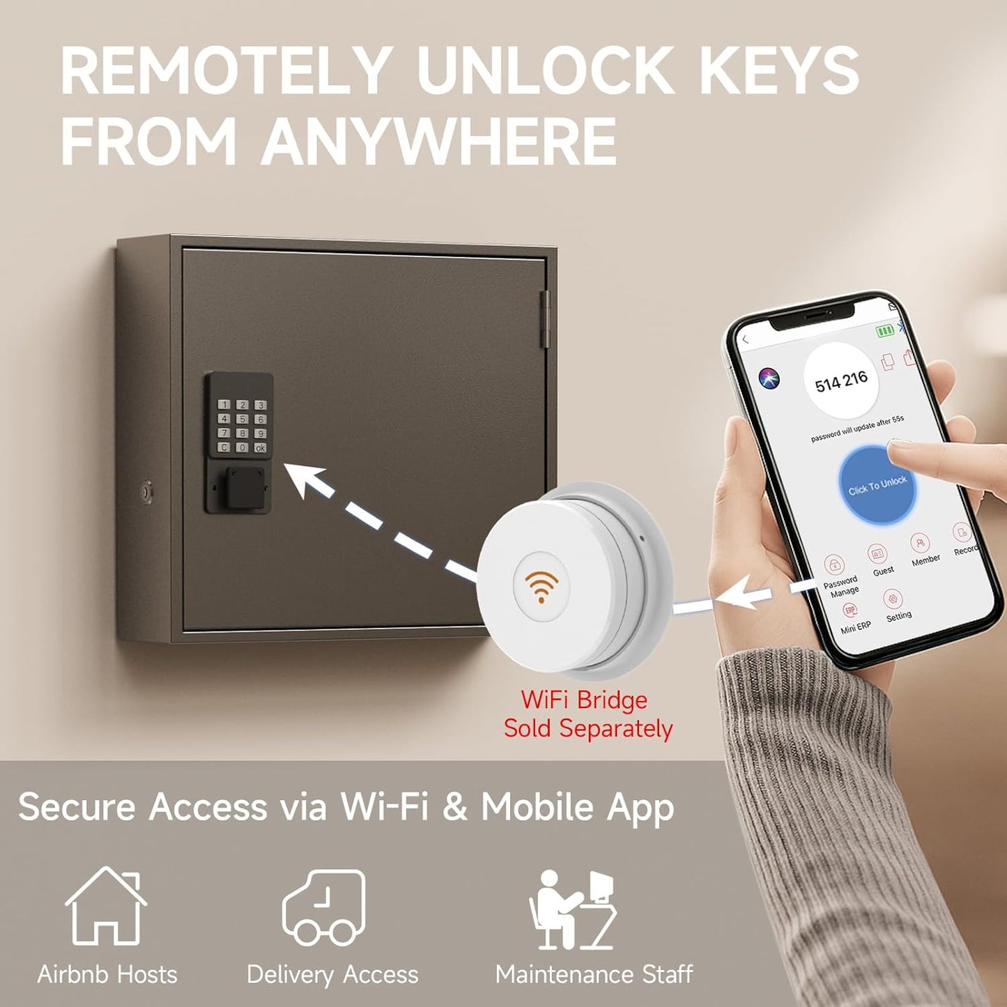 WeHere Smart Key Lock Box, Wall Mounted Key Cabinet with 90 Key Tags, Bluetooth App Control, OTP & Password Unlock, Wi-Fi Remote Unlock (Bridge Required), Steel Key Safe for Office Home Business
