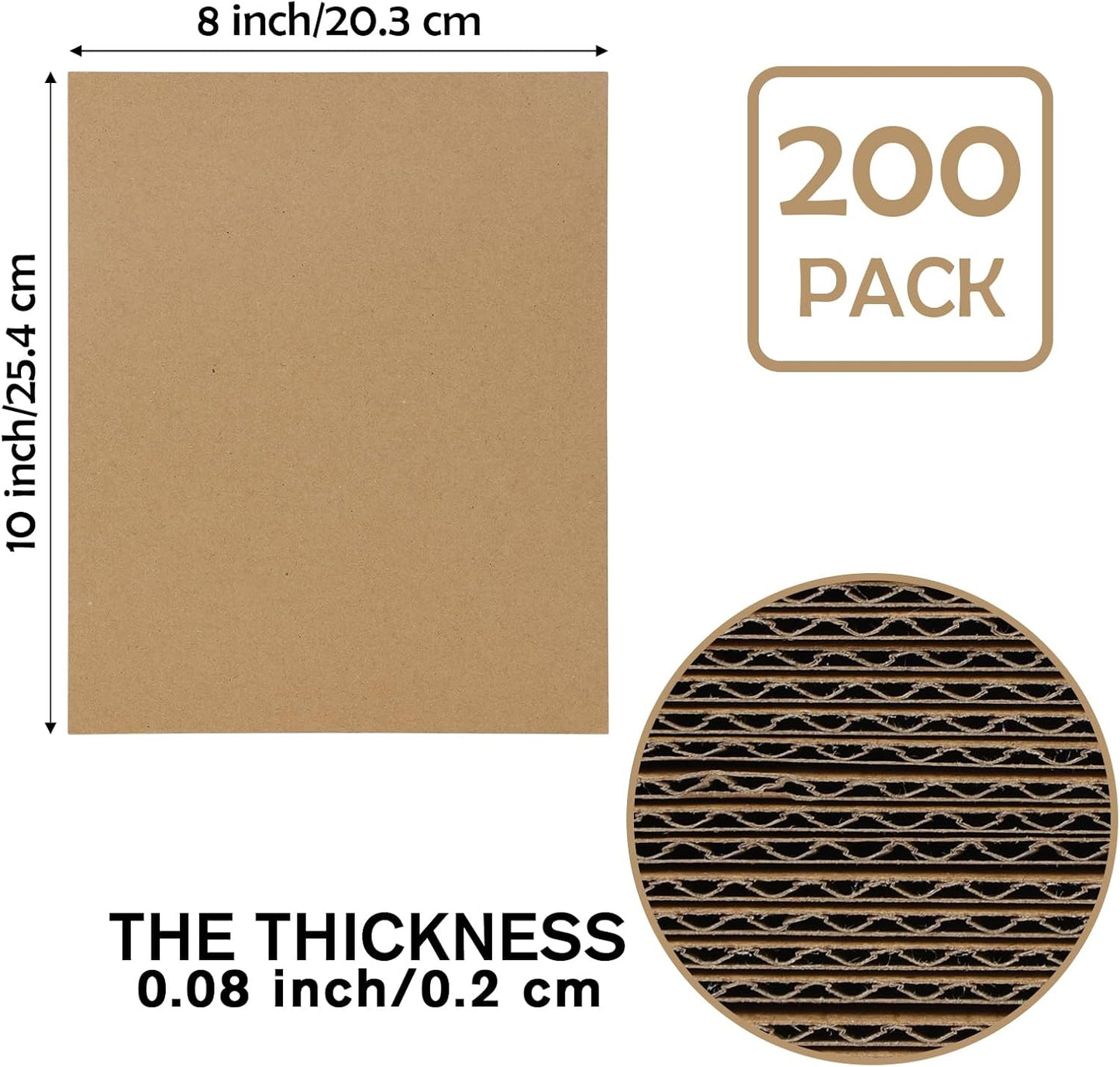 Calenzana 8x10 Browm Corrugated Cardboard Sheets, Flat Card Boards Inserts for Crafts, Packing, Shipping, Moving, Mailing, 200 Pack