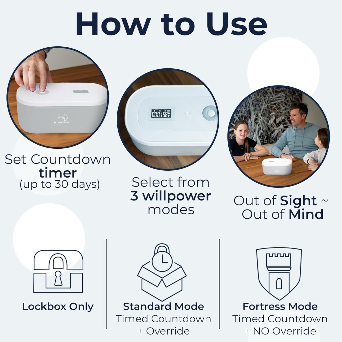 Mindsight Timed Lock Box | Unplug from Phones, Video Games, Social Media, Snacks & Cravings | 3 Modes based on Willpower | Easy to Use | Out of Sight ~ Out of Mind | Boost Your Mental Wellness