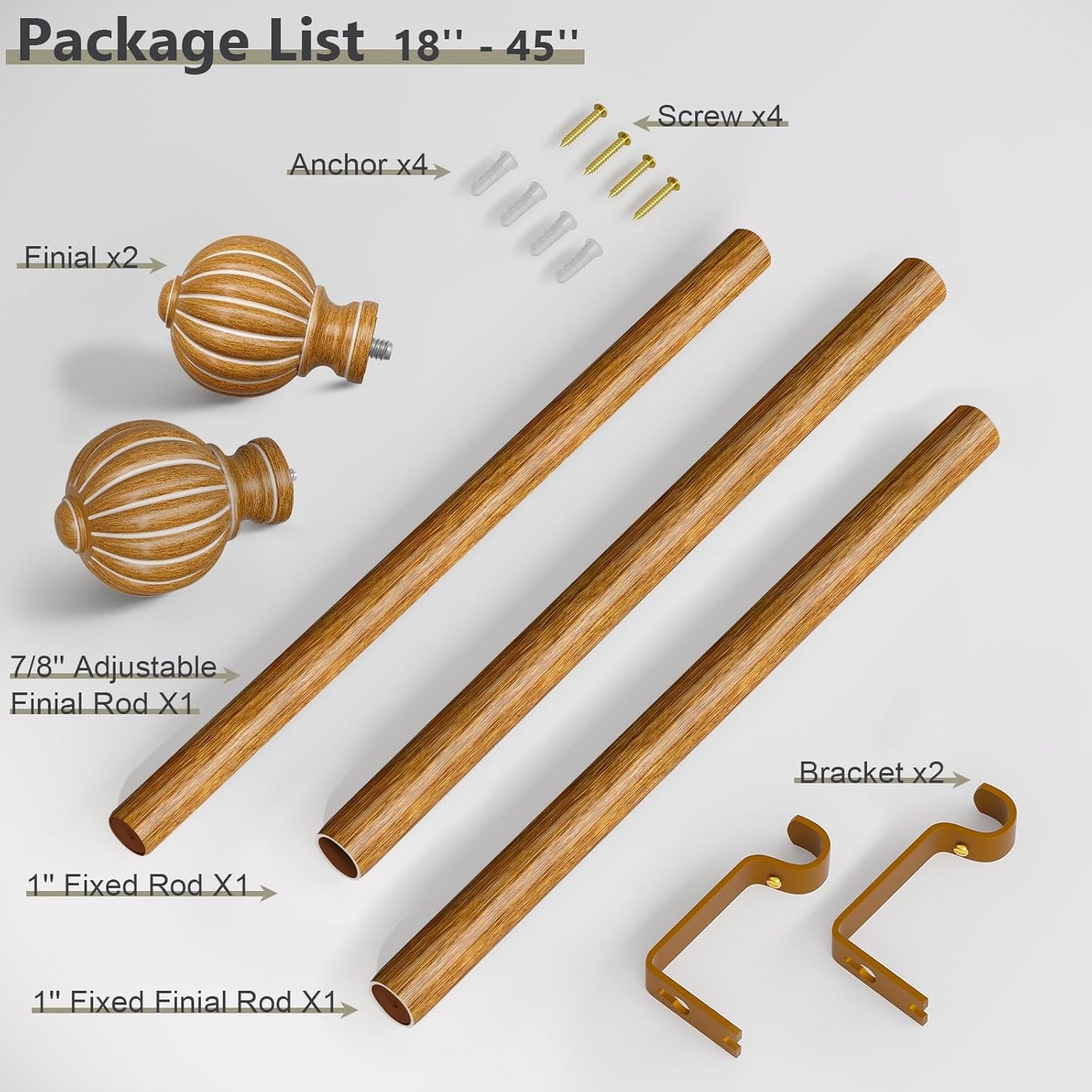 Wood Curtain Rods for Windows 28 to 48 Inch, 1'' Adjustable Heavy Duty Curtain Rod，Vintage Imitation Wood Grain Decorative Drapery Rods with Pumpkin Finials for Bedroom Living Room
