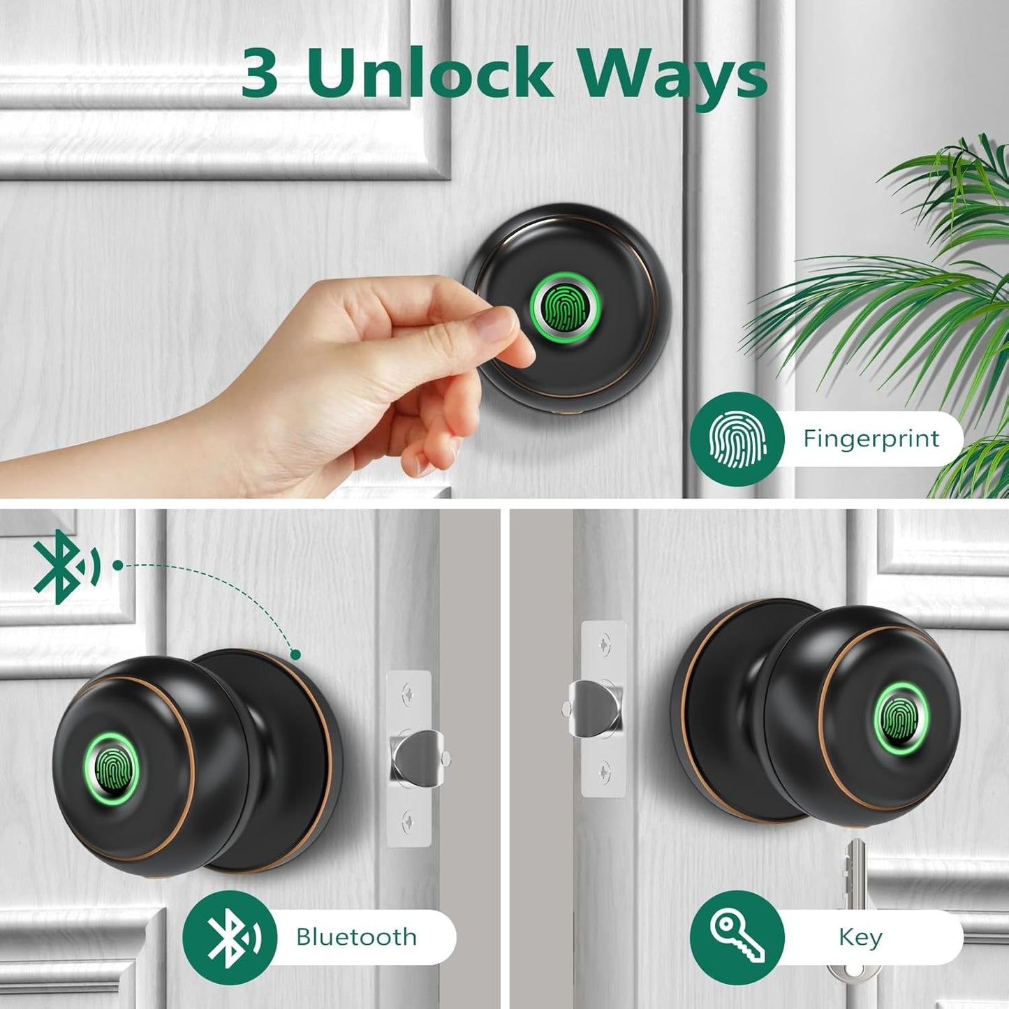 GeekTale Fingerprint Door Lock, Smart Lock with App, Biometric Door Lock, Thumbprint Door Knob, Smart Fingerprint Door Knob for Bedroom, Office, Apartment