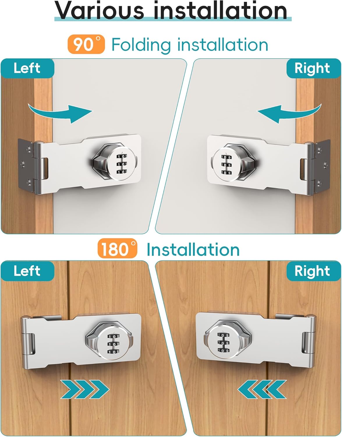 Cabinet Password Hasp Lock, Keyless Combination Lock for Small Doors, Bathroom, Outdoor, Garage, Garden, Silver, 2 Pack