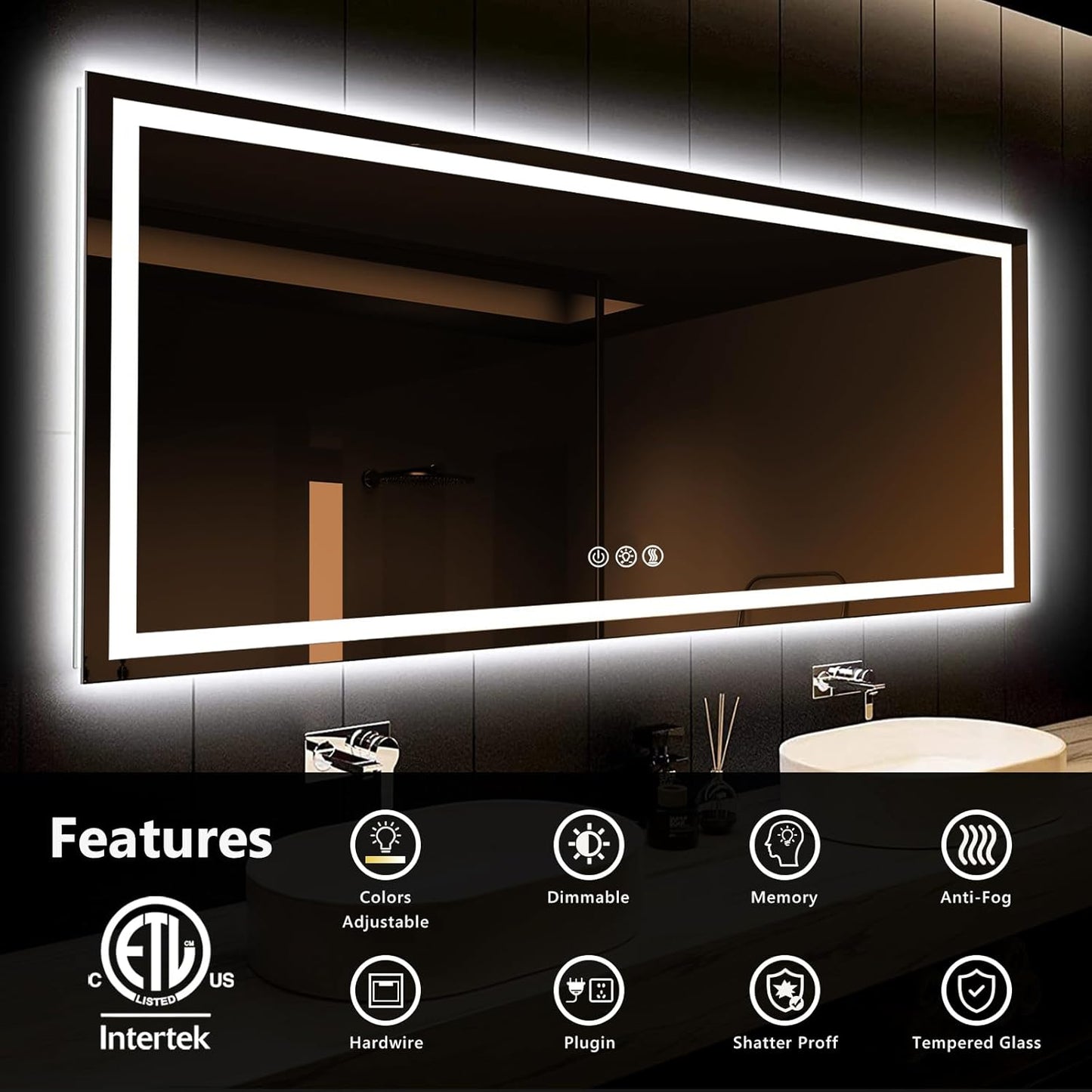 ROOMTEC 60 x 36 Inches LED Bathroom Mirror with Front and Backlit,Anti-Fog,3 Colors and Dimmable Light(Horizontal/Vertical), Silver