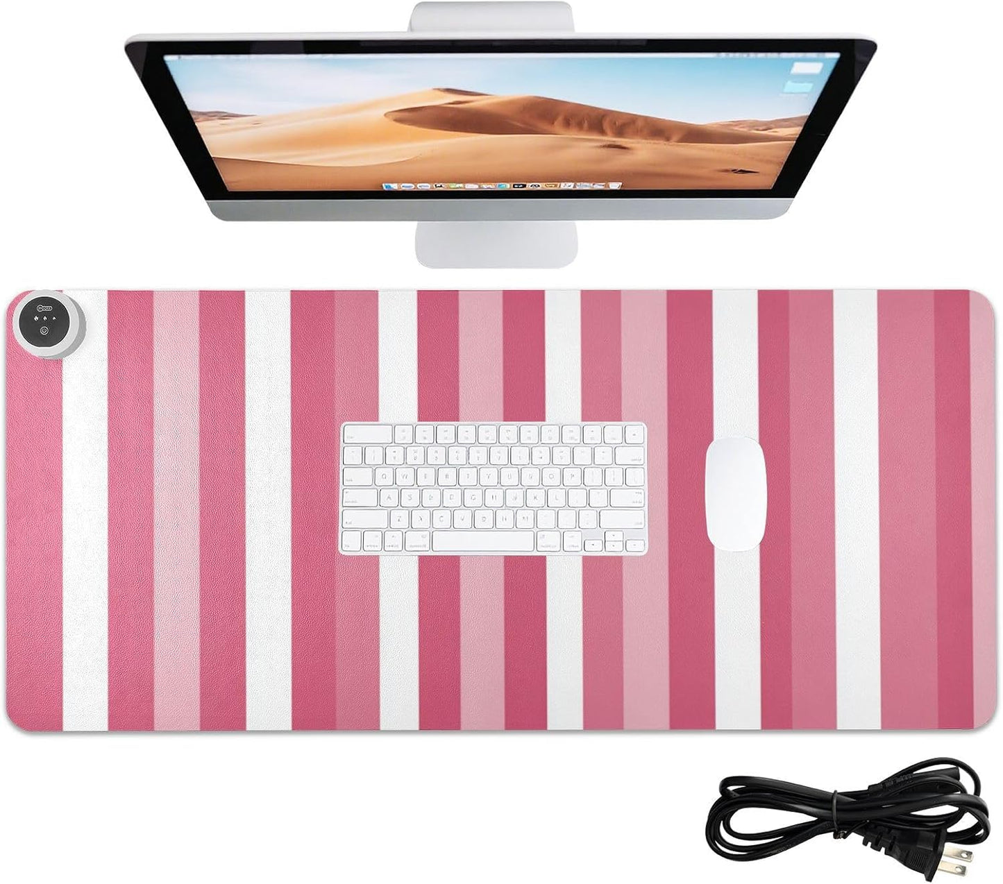 Heated Desk Pad Mouse Pad 31.5x13 Inch PU Leather Desk Mat with 3 Heat Levels Large Mouse Gaming Computer Laptop Mat Pink and White Stripes