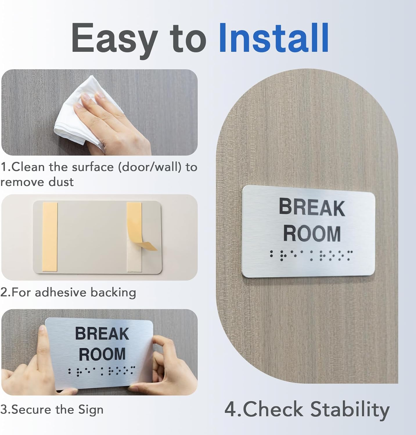 Exit Signs with Raised Text & Grade 2 Braille, Brushed Aluminum/Silver Finish Easy Install with Double-Sided Tape, ADA Compliant Exit Signs for Businesses & Offices