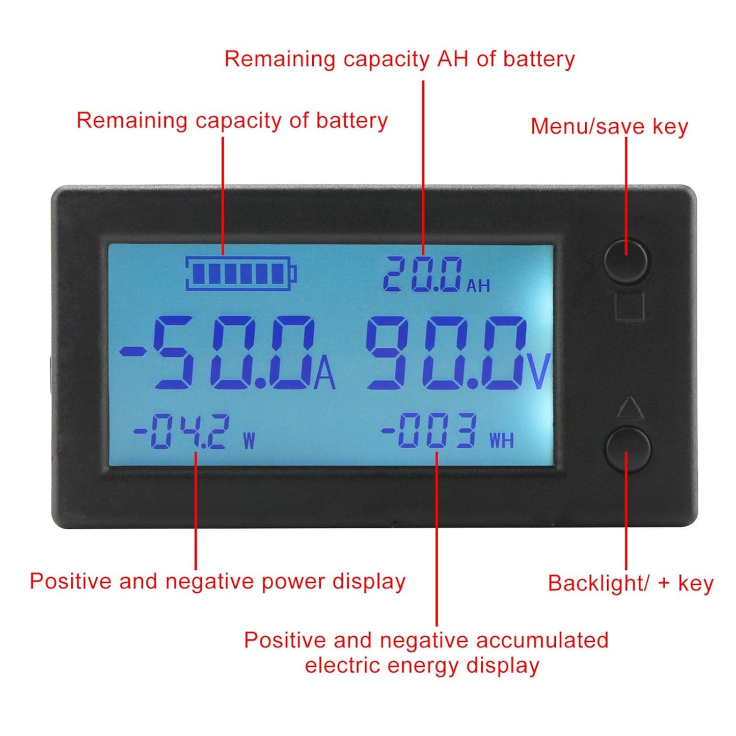 DROK Battery Monitor, Amp Volt Power Watt Meter DC 0-300V 200A STN LCD Display Panel Meter, Current Voltage Energy Capacity Ammeter Voltmeter Multimeter Gauge with Hall Sensor, 2.5m Shielde