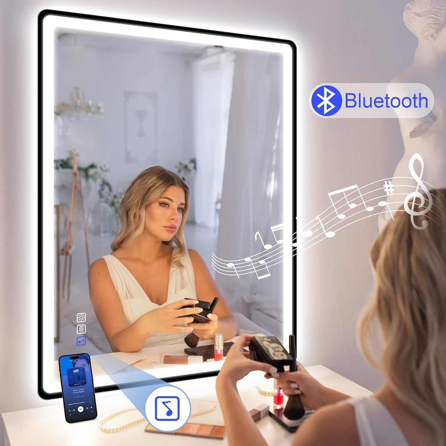 STARLEAD 40"x28" LED-Bathroom-Mirror-with-Lights, Wall-Mounted with Bluetooth, Anti-Fog, 3 Color Temperature Dimmable Brightness, Waterproof, Tempered Glass, Frontlit & Backlit, Black Frameless