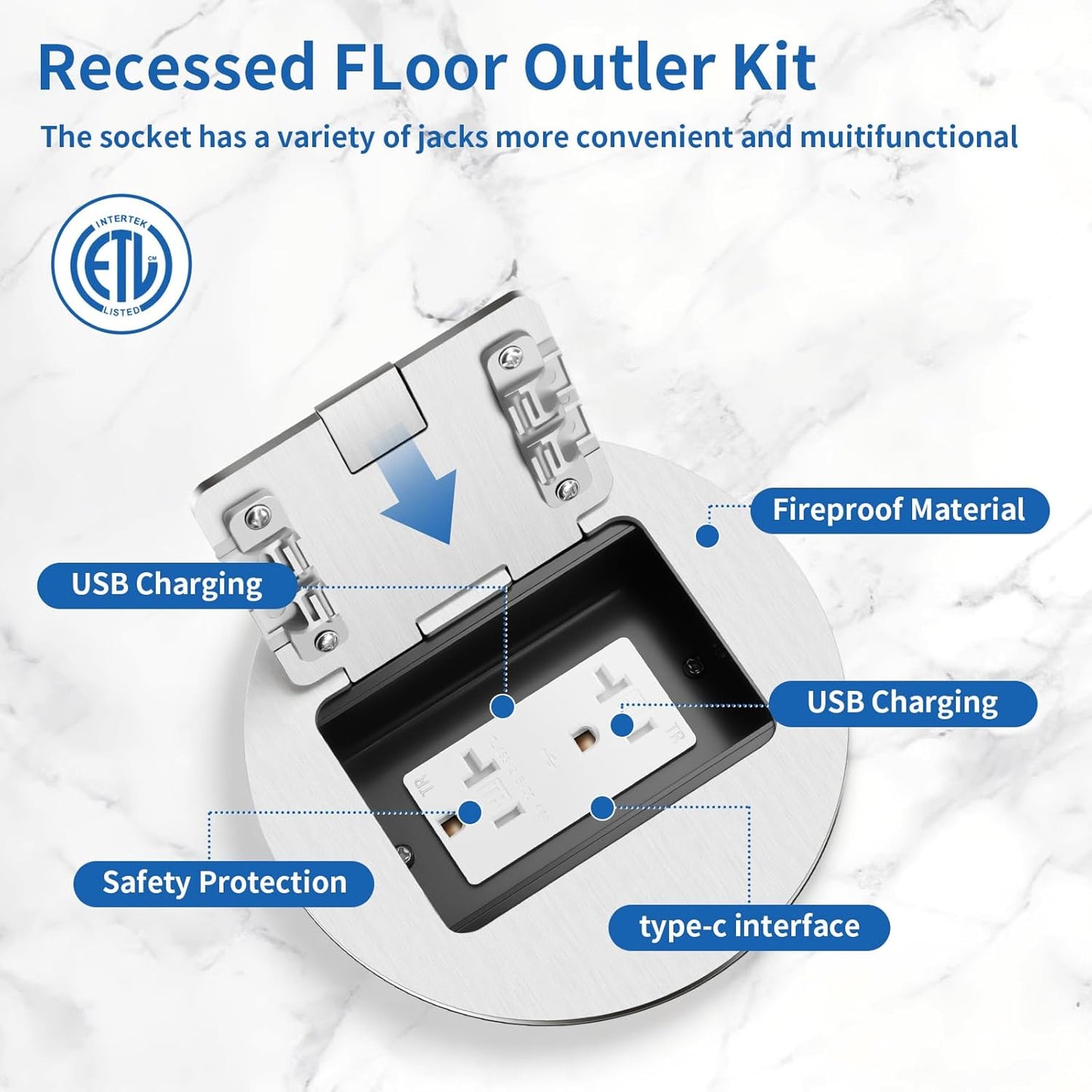 Vagueior Recessed Floor Electrical Outlet Kit, Circular Hidden Duplex 20A Tamper-Resistant Receptacle Outlet ，Waterproof Electrical Outlet Covcer Box, UL Certified,Silver（1 Pack