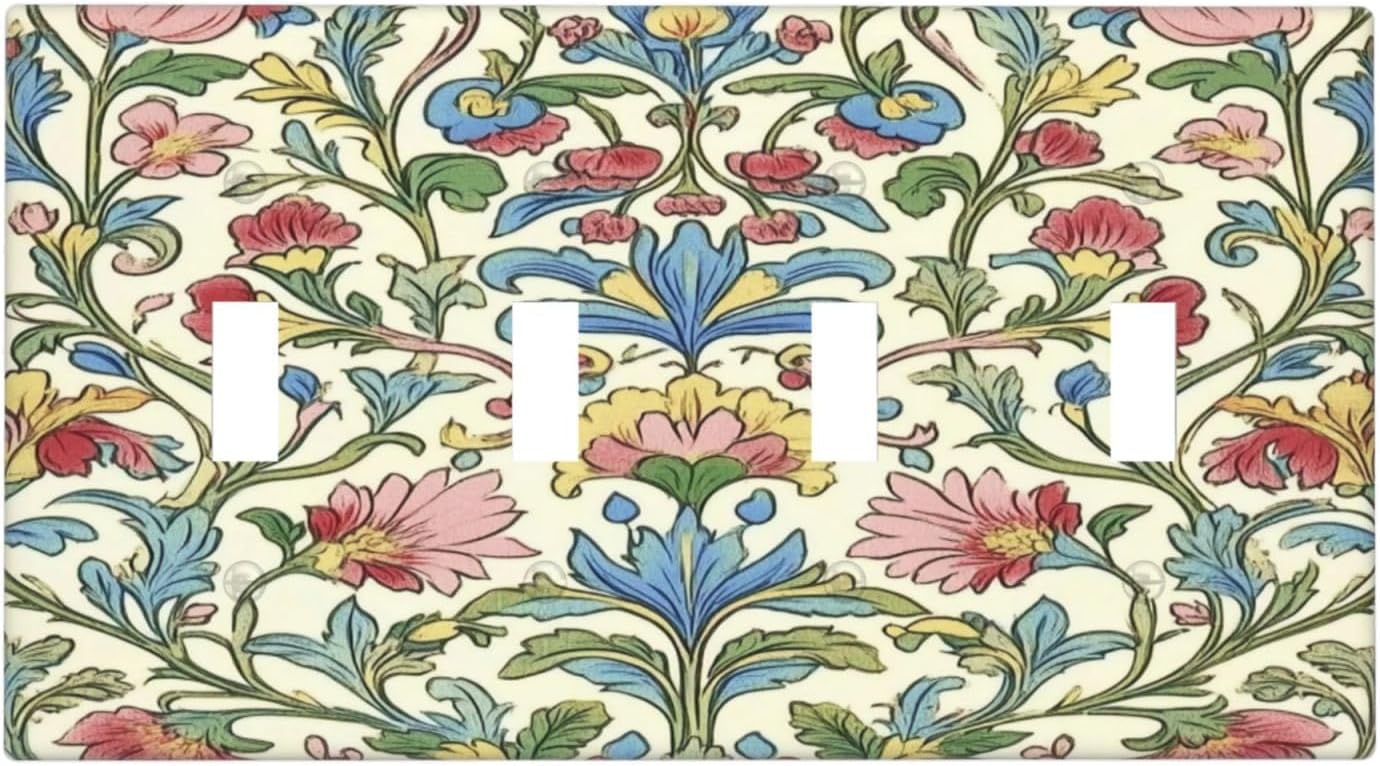 Light Switch Covers Boho Red Floral Morris Plant Leaves Quad Toggle Electrical Faceplate 4 Gang Wall Plate Decorative Switch Plates For Farmhouse Cabin Decor