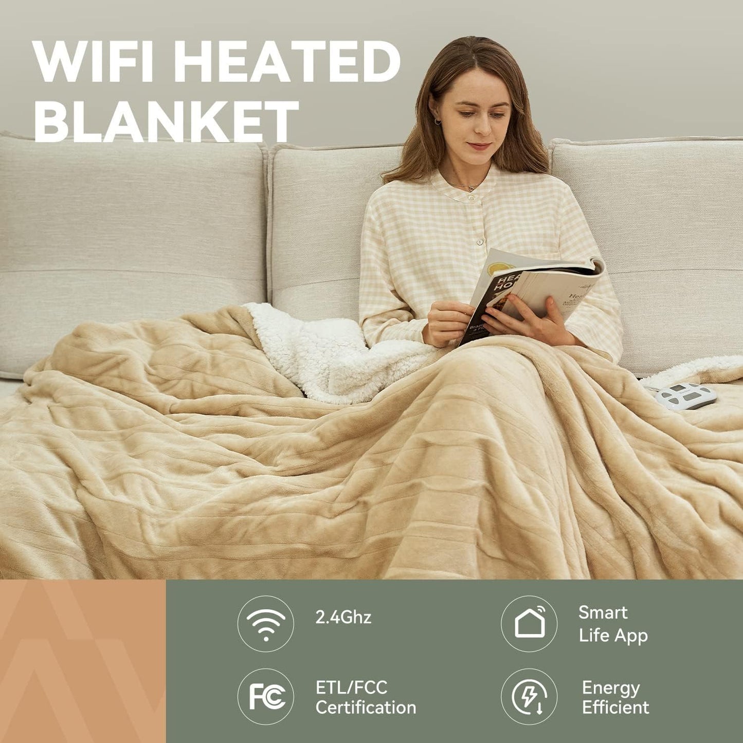 Warm Storm Wi-Fi Wireless Electric Blanket Queen Size 84x90 Inch Flannel & Sherpa with Controller, Smartphone Connection(2.4Ghz), 10 Heating Levels 12 Hours Timer, Machine Washable, Beige