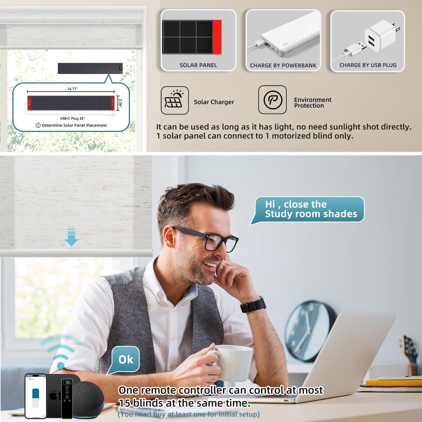 SmartWings Motorized Light Filtering Shades, 70% Blackout, Custom Size, Rechargeable Battery, Works with Matter/Apple HomeKit, Alexa, Thread/Zigbee, Remote Optional, 70% Linen White
