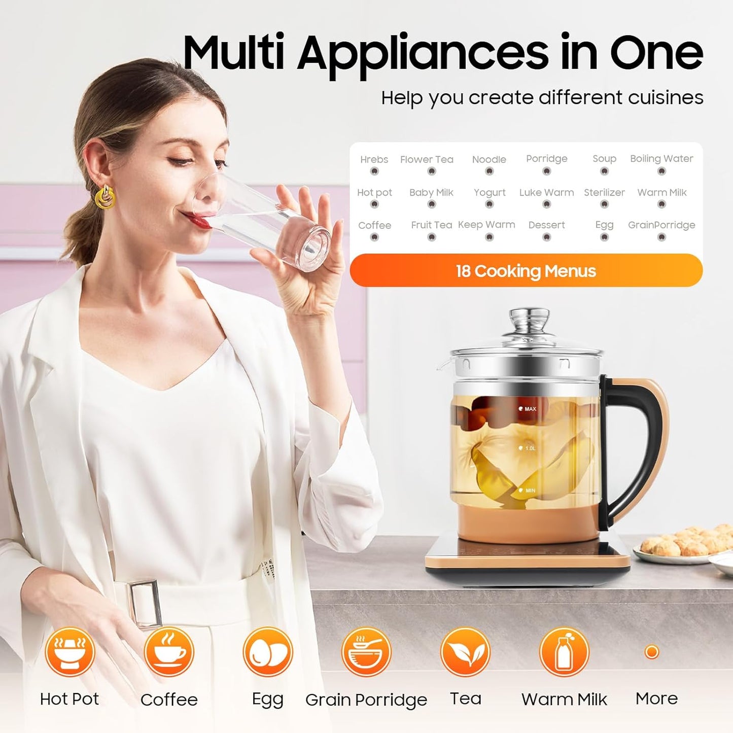 Electric Glass Kettle Kit, 1.8L Glass Hot Boiler With Digital Base, 800W Temperature Control Electric Kettle with Steamed Eggs Holder Hfor Boiling Water, Tea, Coffee