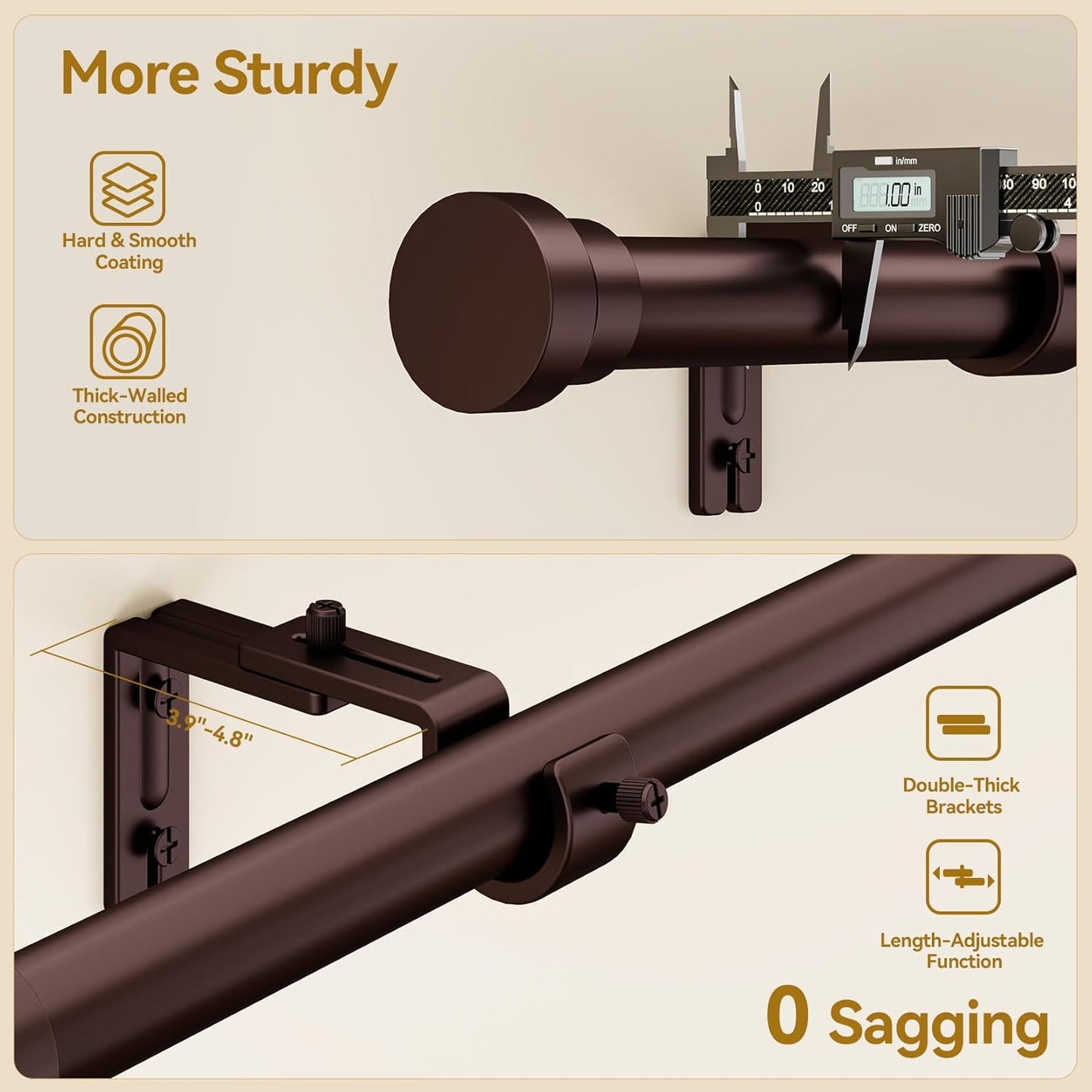 Curtain Rod 2 Pack 32-58 Inch, Heavy Duty 1 Inch Curtain Rod, Antique Bronze Short Adjustable Window Treatment Rods, Modern Design, Easy Installation
