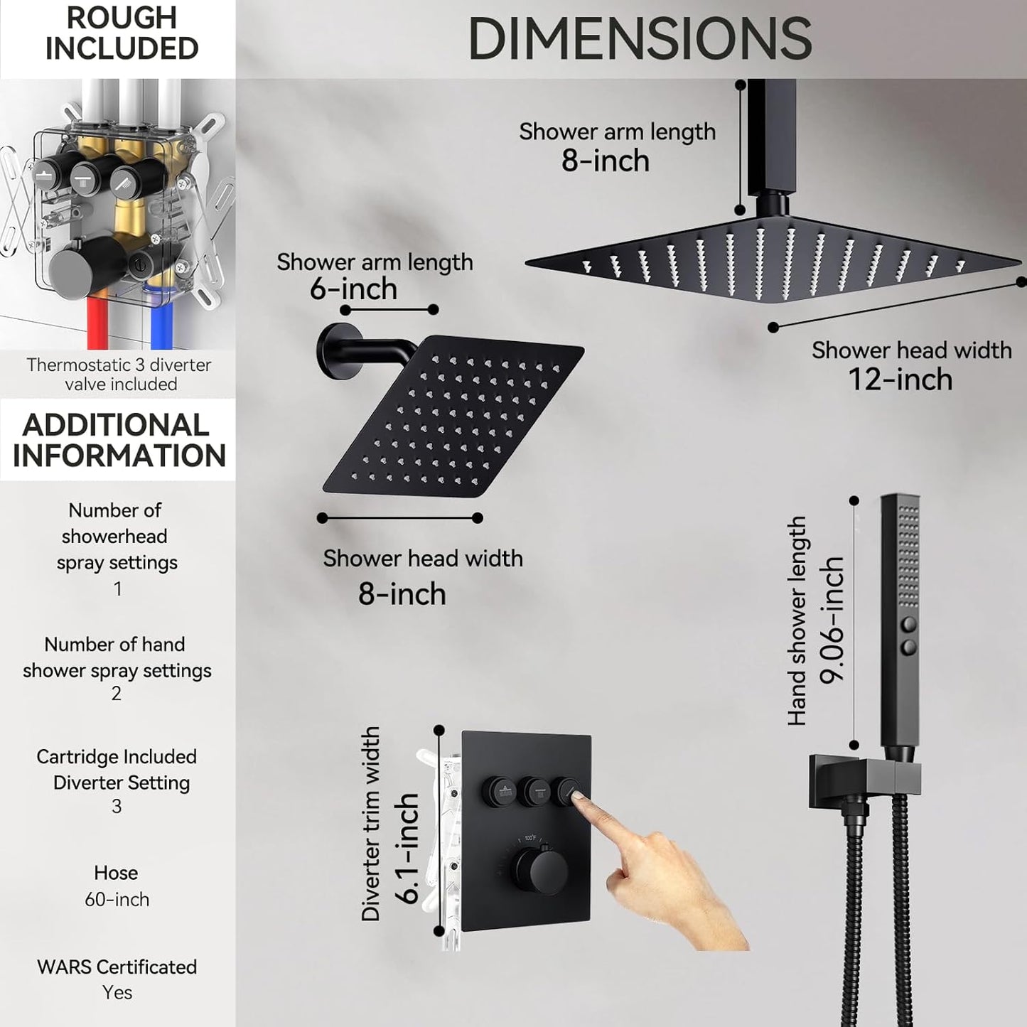 Thermostatic Shower Systems Matte Black Shower Faucets Sets, STARBATH 12+ 8" Wall Mount Rain Shower and 2 in 1 Handhled, Can Use All at Once, Push Button 3 Modes Valve and Trim Kit Complete Shower Set