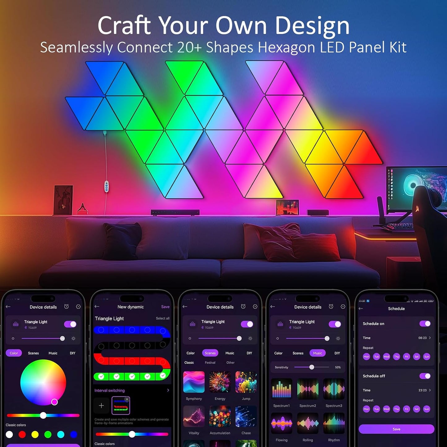 8 PCS Triangle Light Panels – Smart RGB Gaming Triangle LED Lights with App & Music Sync – Bedroom Lamp, Wall Art, Essentials, Playroom & Home Deco