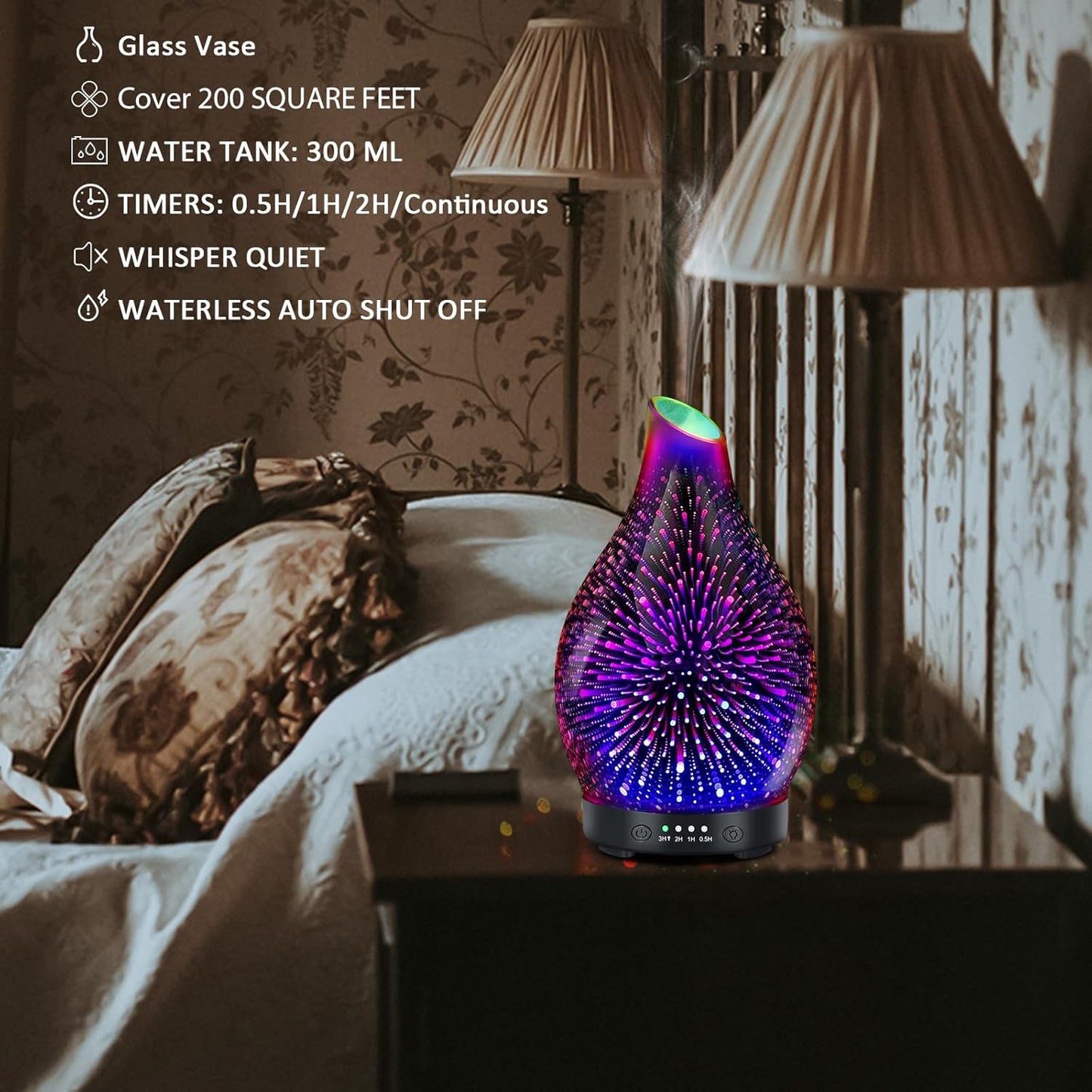 Essential Oil Diffuser 120ML -3D Firework Glass Aromatherapy Diffusers for Essential Oils with 4 Timer Setting Auto Shut-Off Silent Operation 7 Colors Lights Changing for Room, Office, Yoga