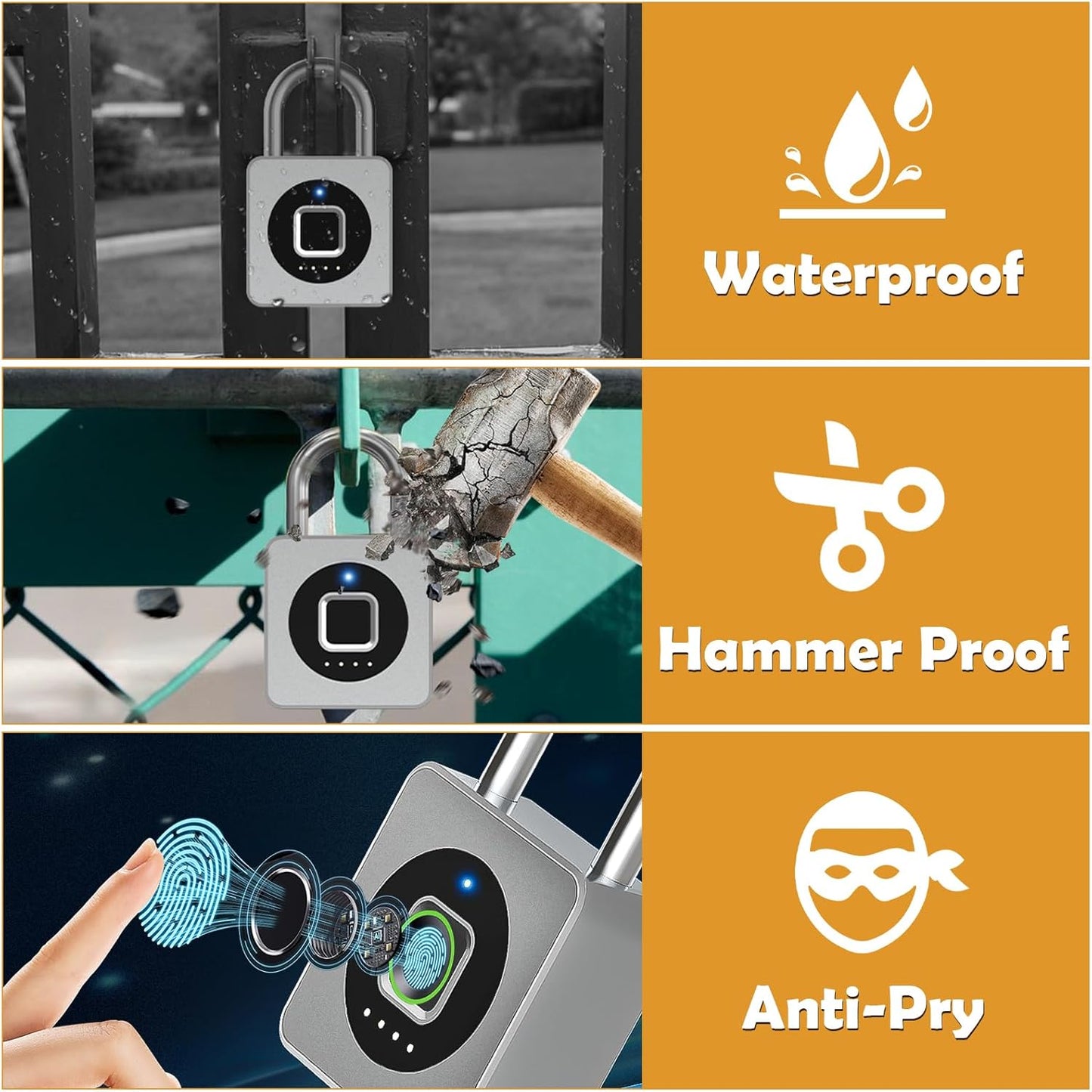 Pothunder Fingerprint Padlock with APP, Keyless Biometric Lock, Smart Waterproof Padlock Suitable for Gym, Locker, Gates, Fence and Storage