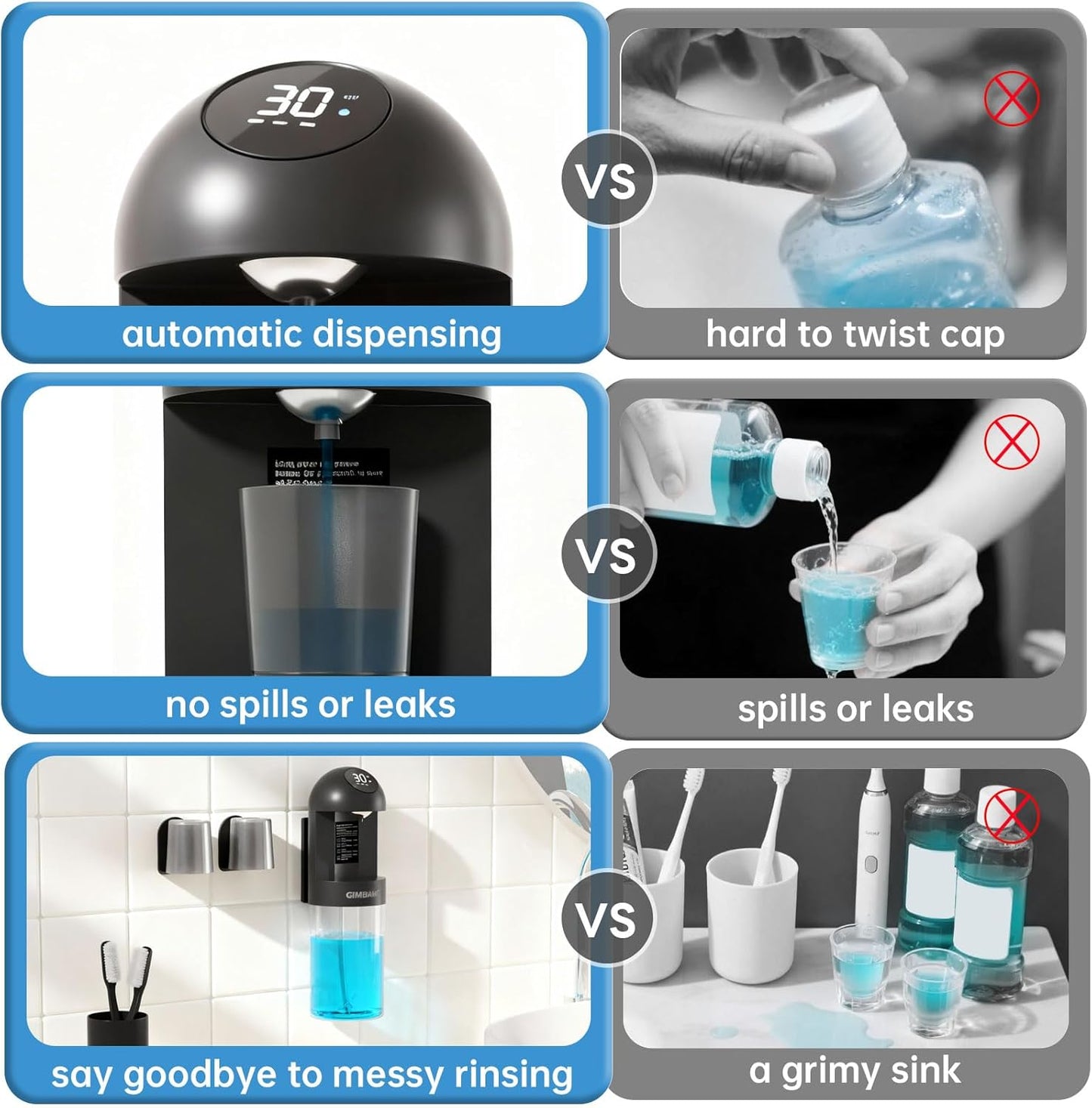Upgraded Automatic Mouthwash Dispenser with 4 Dispensing Levels for Bathroom-GIMUBABA Smart Mouth Wash Dispenser Sets with 20.3 FL Oz Container,2 Cups & Wall Mount Accessories for Kids & Family(black)