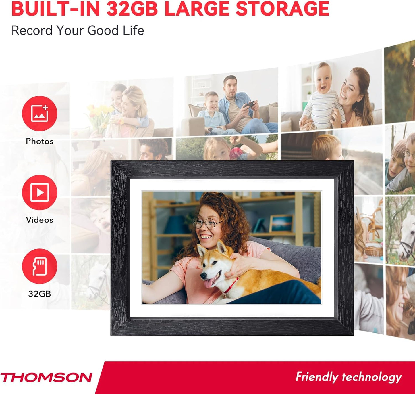 THOMSON Digital Picture Frame, Digital Photo Frame WiFi with 32 GB, HD IPS Touch Screen, Auto-Rotate, Slideshow, Share Photos/Videos from Phone by App (10.1Inch Wood)
