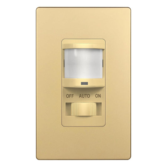 TOPGREENER in Wall PIR Motion Sensor Light Switch, Occupancy Sensor Switch, Neutral Wire Required, On/Off Override, Single Pole, 4A, 500W, Wall Plate Included, TSOS5-GDSWP, Gold