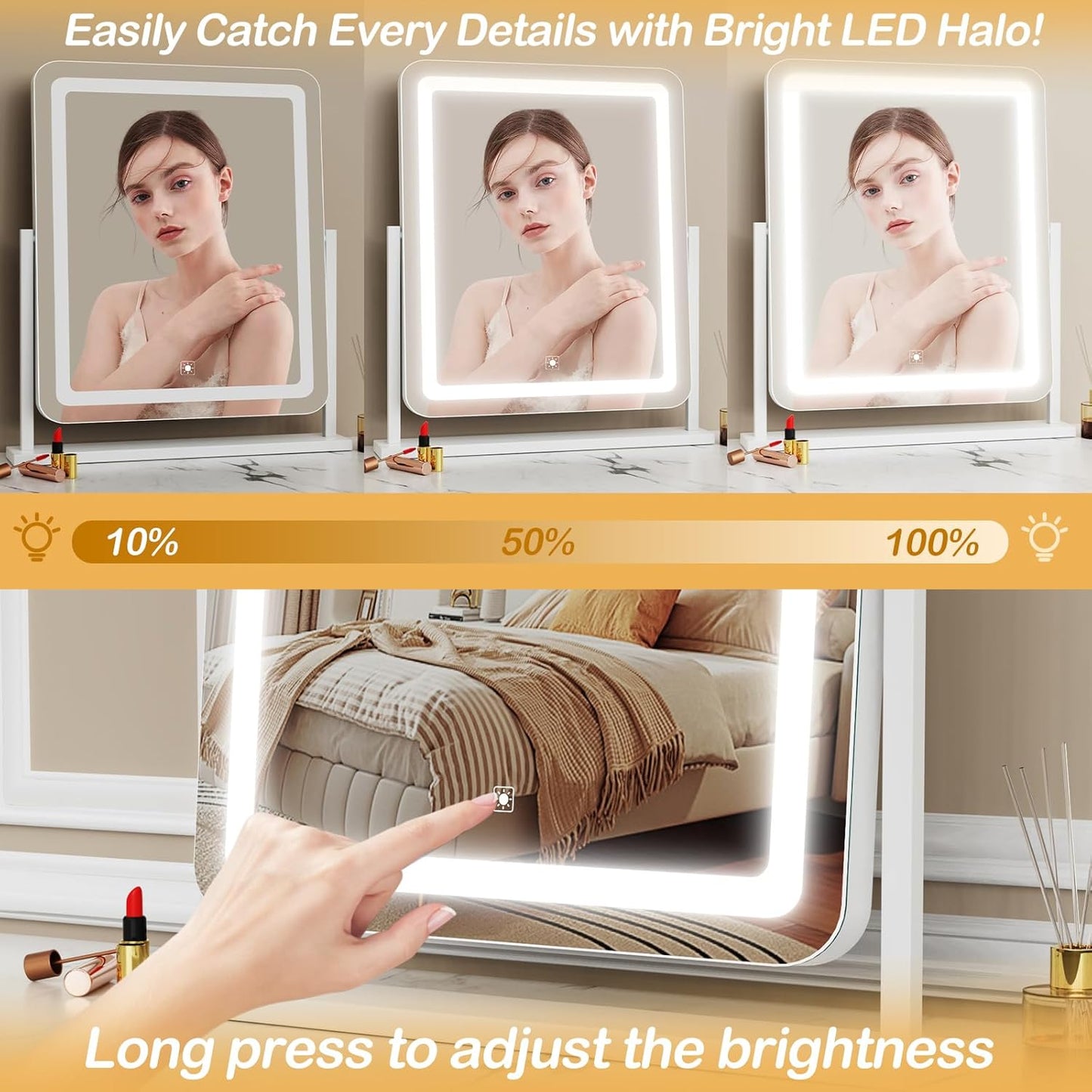 Vanity Mirror with Lights, 17.3’’ LED Makeup Mirror Detachable 10X Magnification, Smart Touch Control, 3 Color Lighting Modes,360°Rotation Tabletop Make Up Mirror for Bedroom Bathroom