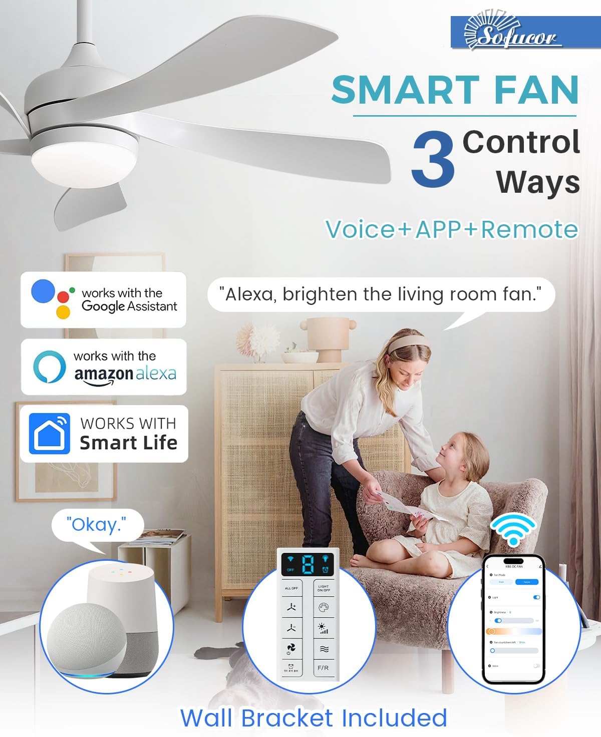 Sofucor 45" Smart Ceiling Fan, Indoor/Outdoor White Ceiling Fans with Lights and Remote, Works with Alexa/Google/App, 3-Color Light 6-Speed Timing Reversible DC Motor for Bedroom Living Room Patio