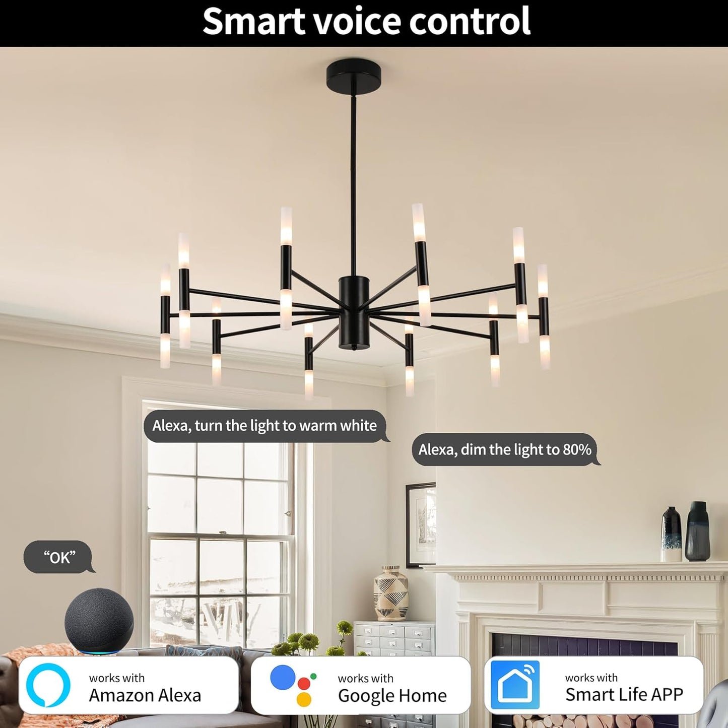 Modern Sputnik Chandelier Mid Century Black Chandeliers for Dining Room Living Room Kitchen Bedroom Support APP Voice Control Dimmable Smart LED Light Fixture(GB1337YY20-BK)
