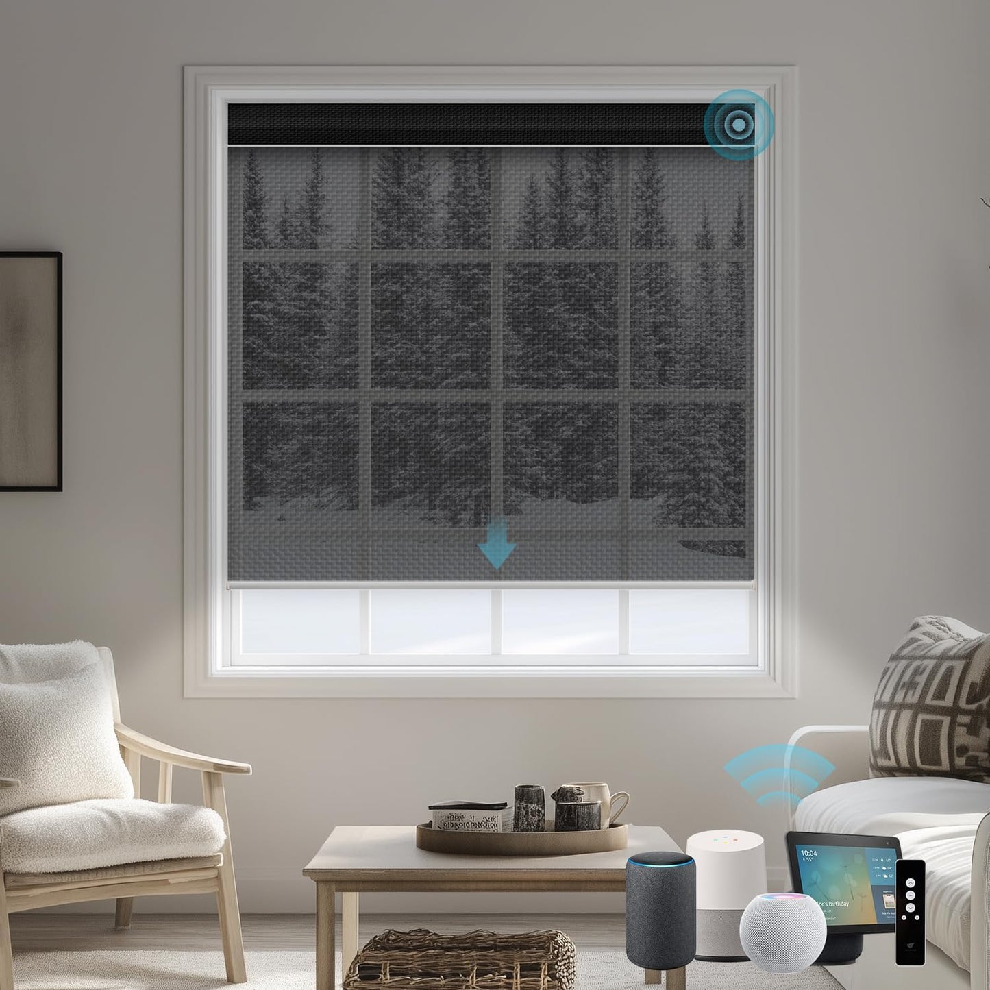 SmartWings Motorized Smart Roller Shades in Light Filtering, Electric Blinds with Remote for Windows Compatible with Alexa/Google Home/Homekit, Customized, 5% Openness Aventus Black