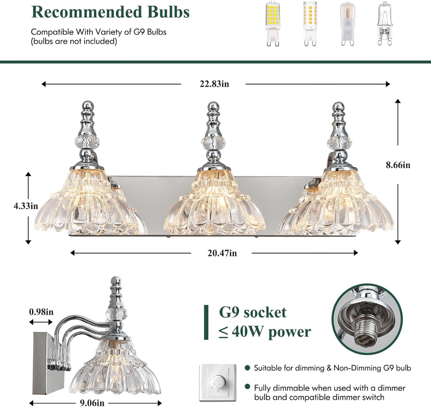 Vintage Bathroom Vanity Light, 3-Light Chrome Vanity Lighting Fixture with Flower Glass Shade, Bathroom Lighting Fixtures Over Mirror